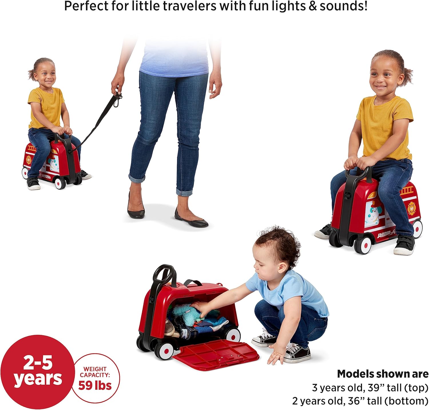 Radio Flyer Camión de bomberos Happy Trav’ler 3 en 1 con luces y sonidos, juguete para llevar, almacenamiento de mano para niños pequeños, edades de