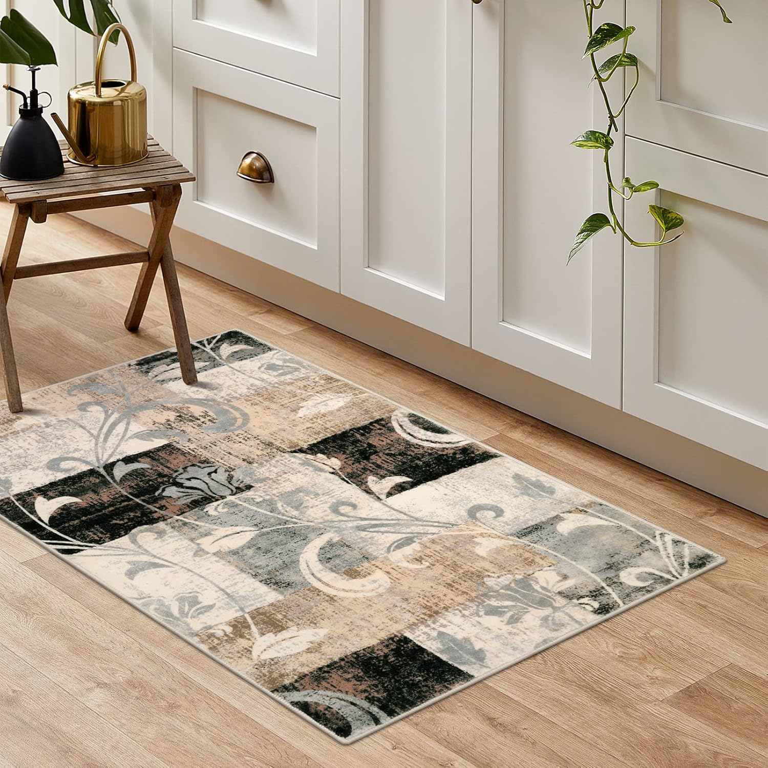 Lahome Alfombra moderna geométrica pequeña, lavable, suave, de 2 x 3 pies, para entrada, antideslizante, diseño de retazos florales, envejecida,