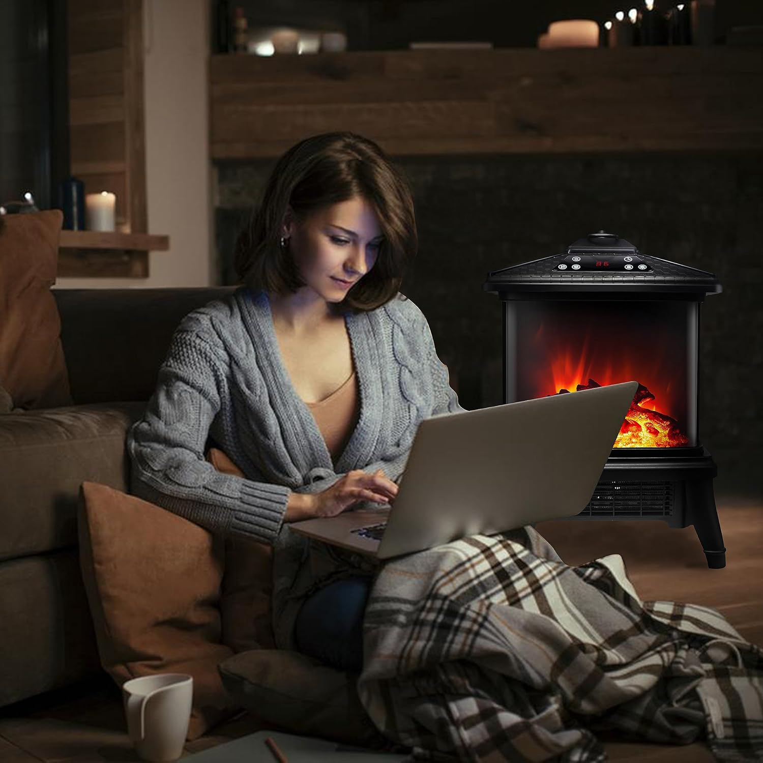 TOONLUPAL Calentador eléctrico de chimenea con control remoto de 1500 W, calentador de estufa independiente portátil, efecto de llama realista, 7