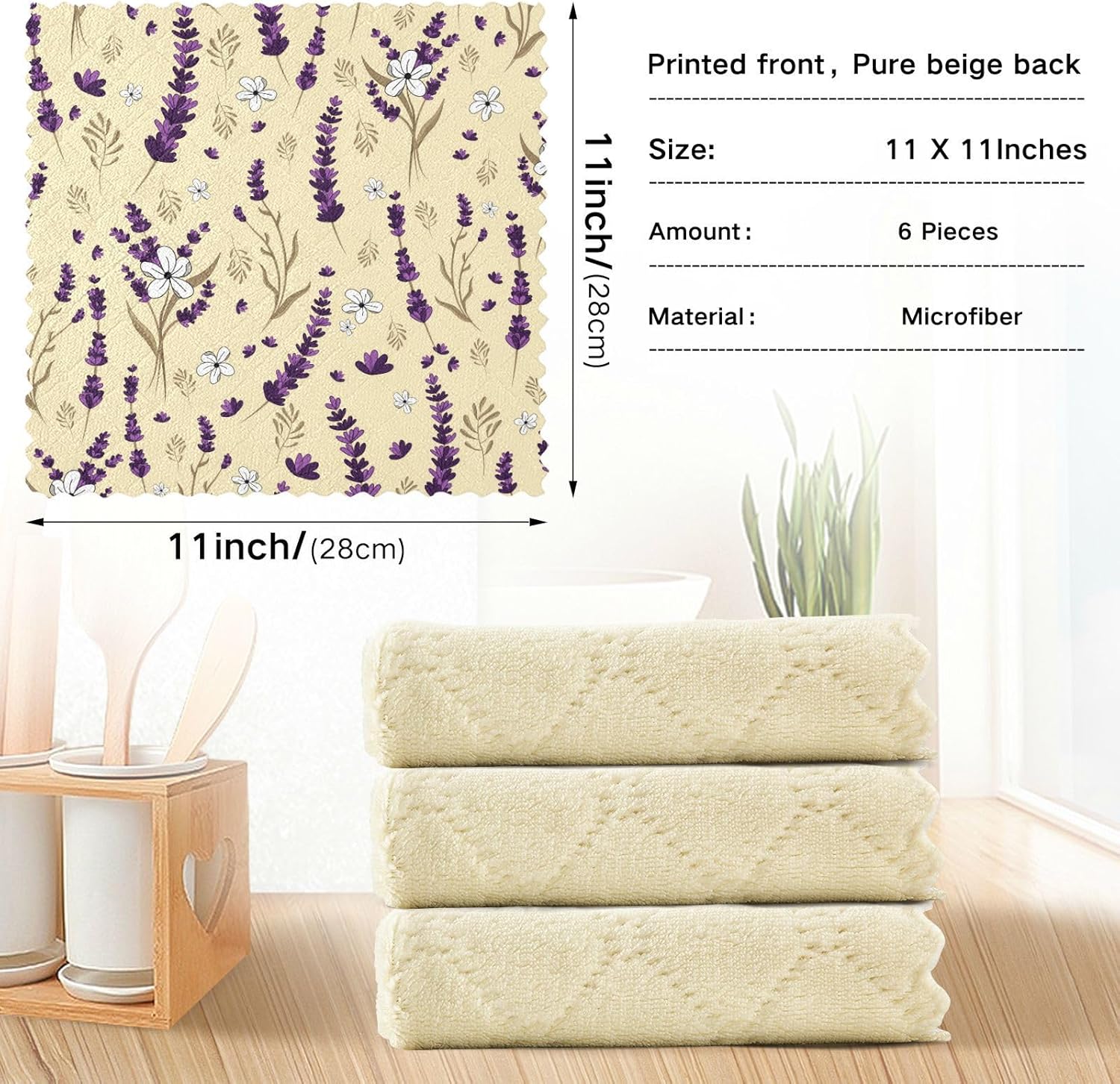 Purple Lavender Cotton Print Microfiber Dish Towel Quick Dry Set of 6 Tea Cup Kitchen Towels for Countertop Sink