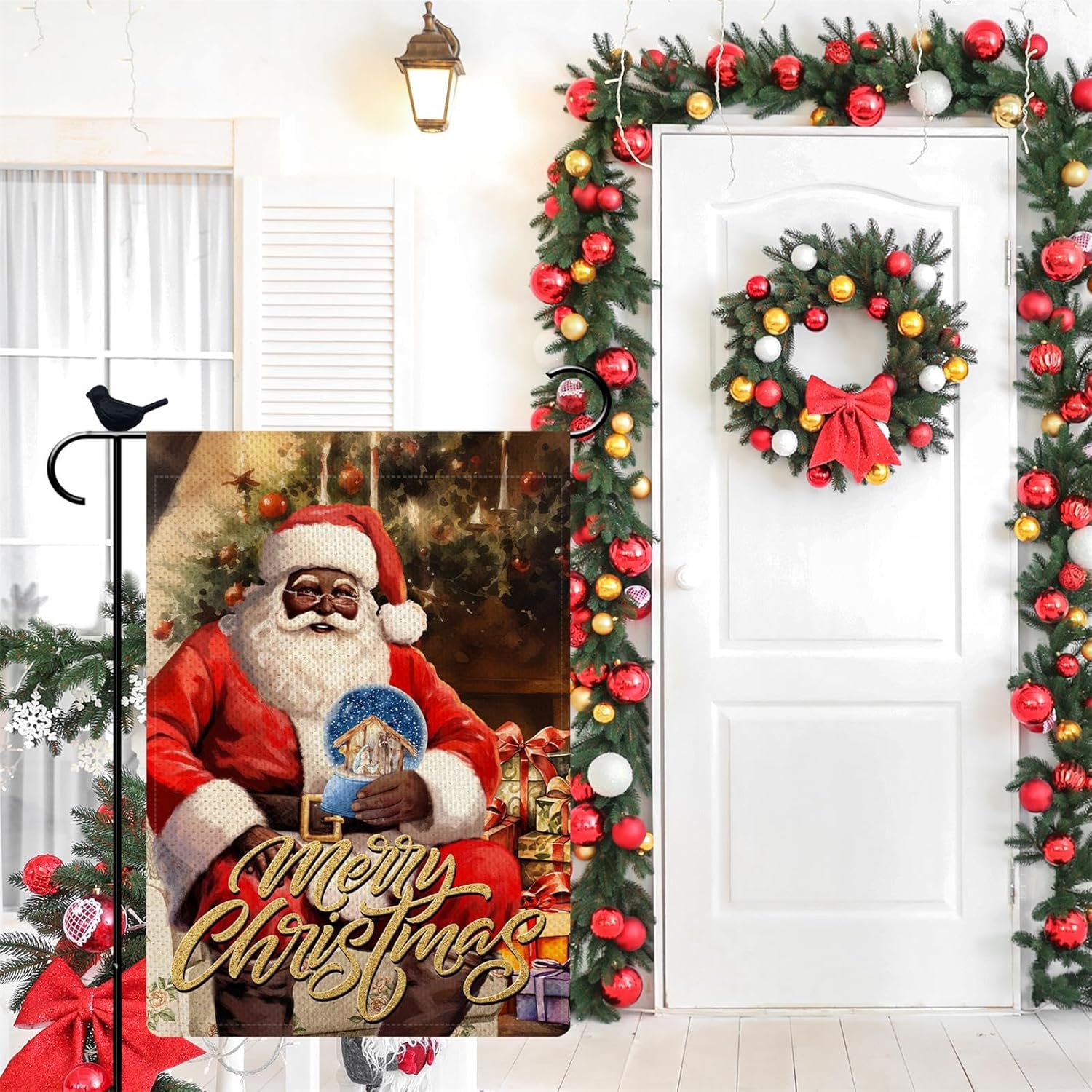 PIPISASA Decoraciones navideñas de Papá Noel negro, bandera de jardín de Feliz Navidad, 12 x 18 pulgadas, decoración de Navidad afroamericana,