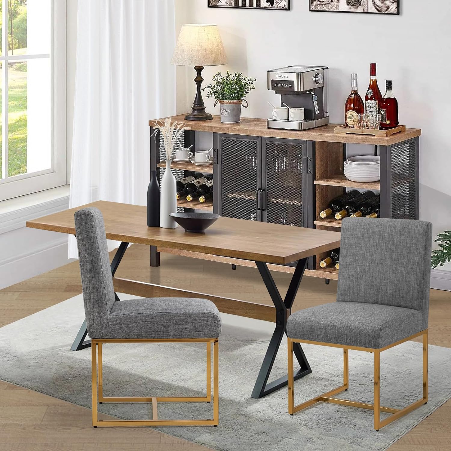Newnno Juego de 2 sillas de comedor modernas de mediados de siglo, sillas tapizadas de lino con respaldo alto para cocina y comedor con marco de