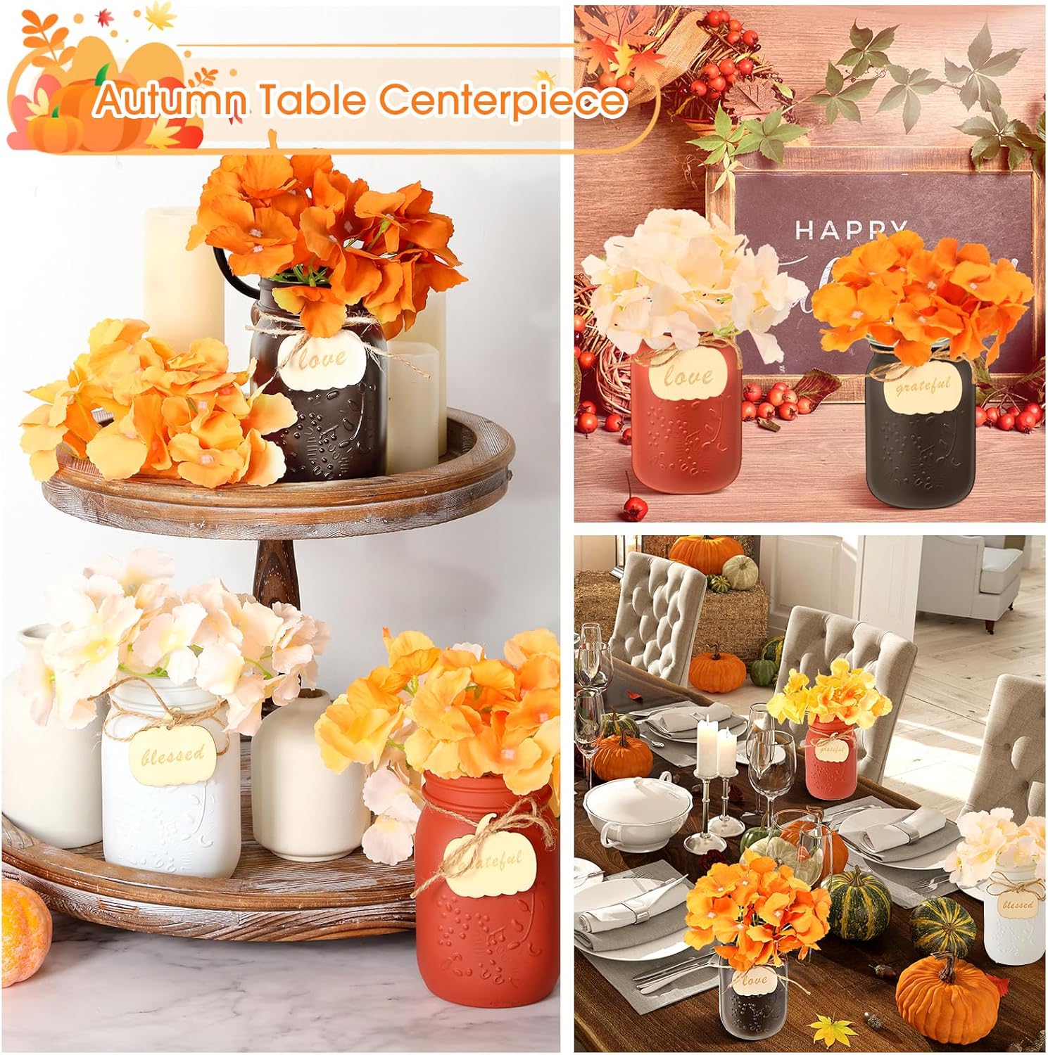 Hotop 6 juegos de tarros de decoración de otoño con flores de cosecha de casa de campo con flores de Acción de Gracias, centro de mesa, arreglo