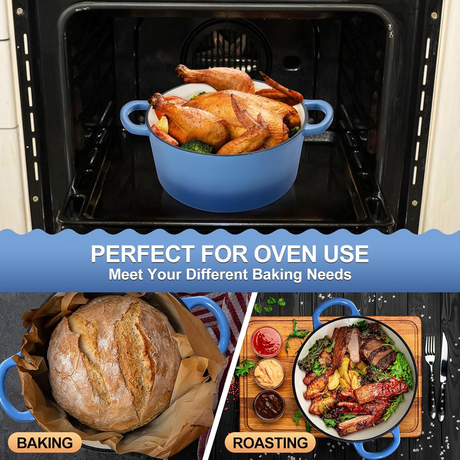 P&P CHEF – Horno holandés esmaltado de 6 cuartos de galón con tapa, olla de horno holandés de hierro fundido, olla redonda esmaltada para estofar,