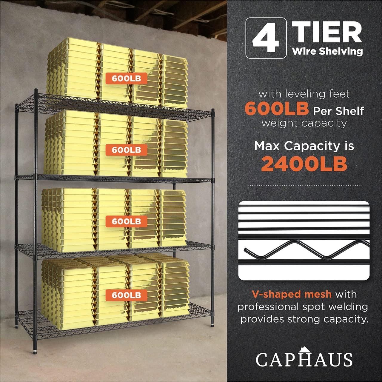 CAPHAUS Estantería de alambre de altura ajustable de 4 niveles de grado comercial con ruedas y pies de nivelación, estante de acero metálico de