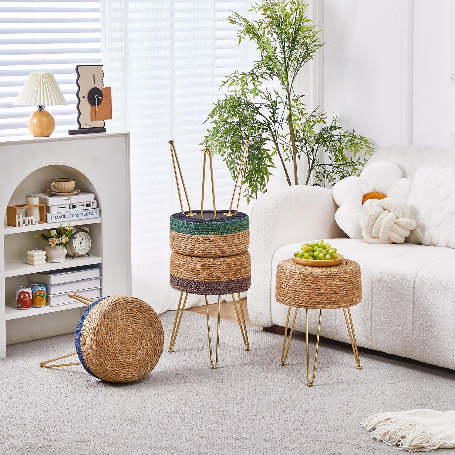 Cpintltr Natural Seagrass – Pufs de tejido a mano, taburete otomano de terciopelo, taburete otomano redondo con patas de metal para sala de estar,