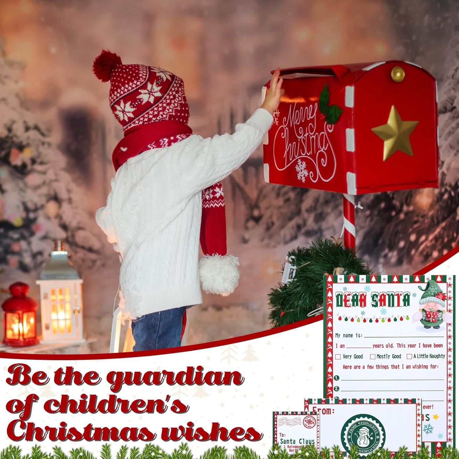 Juego de 75 cartas a Santa para escribir listas de deseos de Navidad, juego de 15 tarjetas navideñas con sobres rojos y calcomanías, regalo de