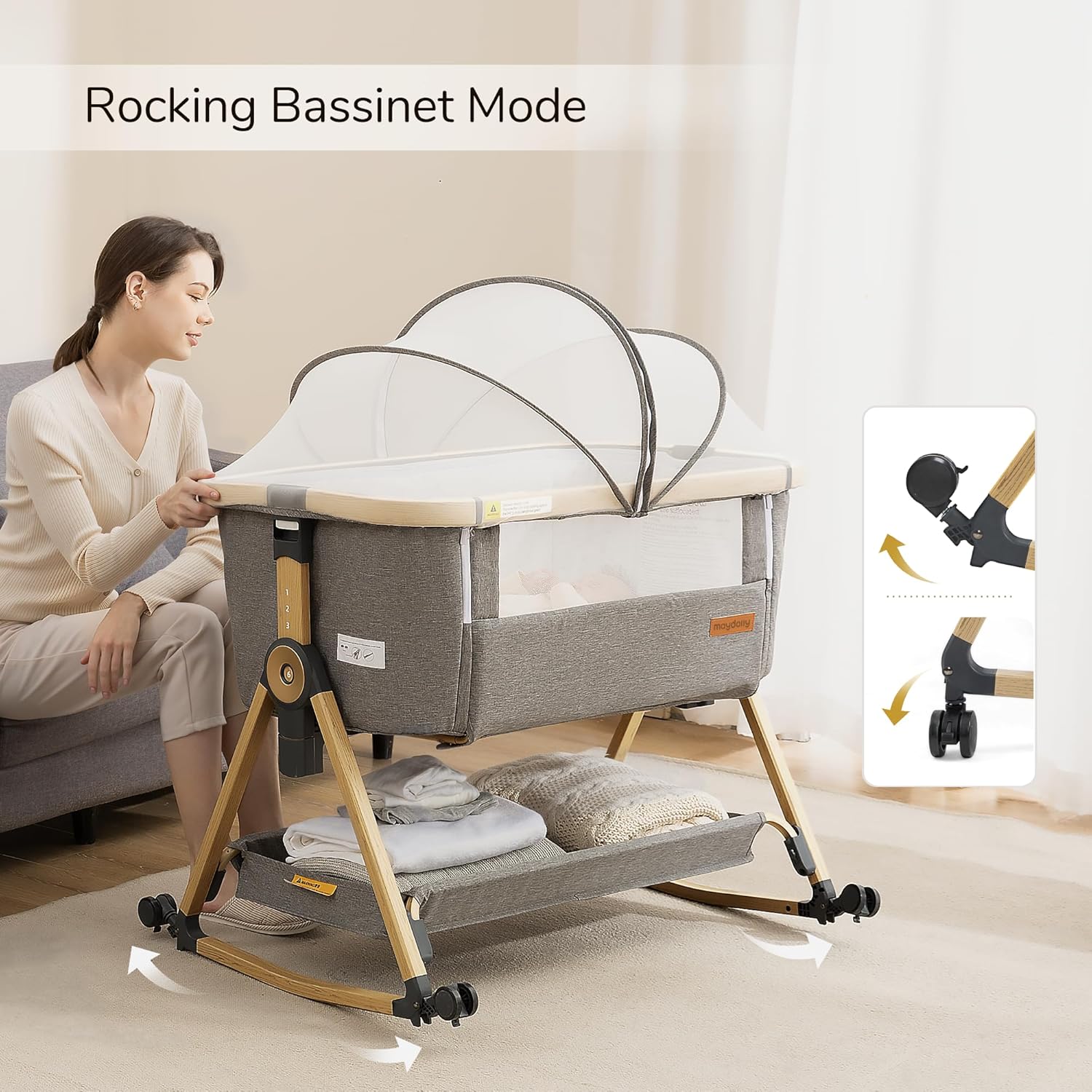 Maydolly Moisés para bebé y cama de noche, cuna mecedora 3 en 1 con colchón y sábana, altura ajustable, funda transpirable extraíble, cuna infantil