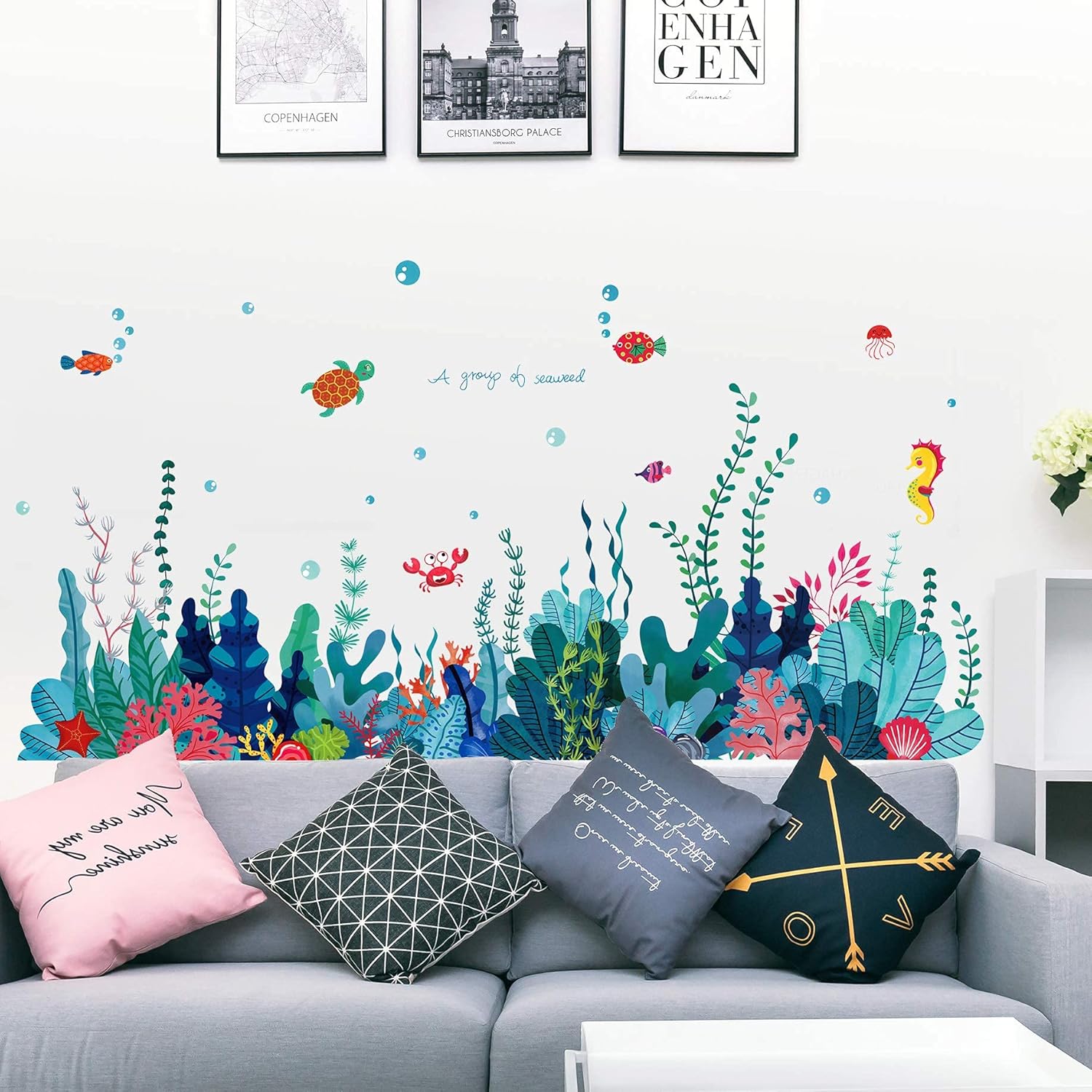 RW – 6794 – Adhesivo de pared extraíble 3D bajo el mar con vista al mar, calcomanías de pared de algas marinas coral océano, murales para despegar y