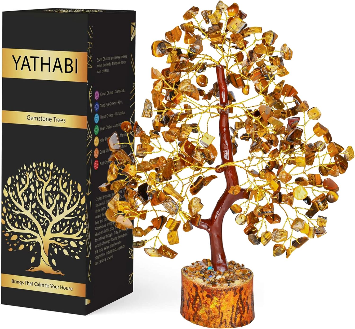 YATHABI Cristal de ojo de tigre  Árbol de gemas  Árbol bonsái de piedra  Árbol de dinero de buena suerte  Piedra de chakras  Árbol espiritual  Árbol