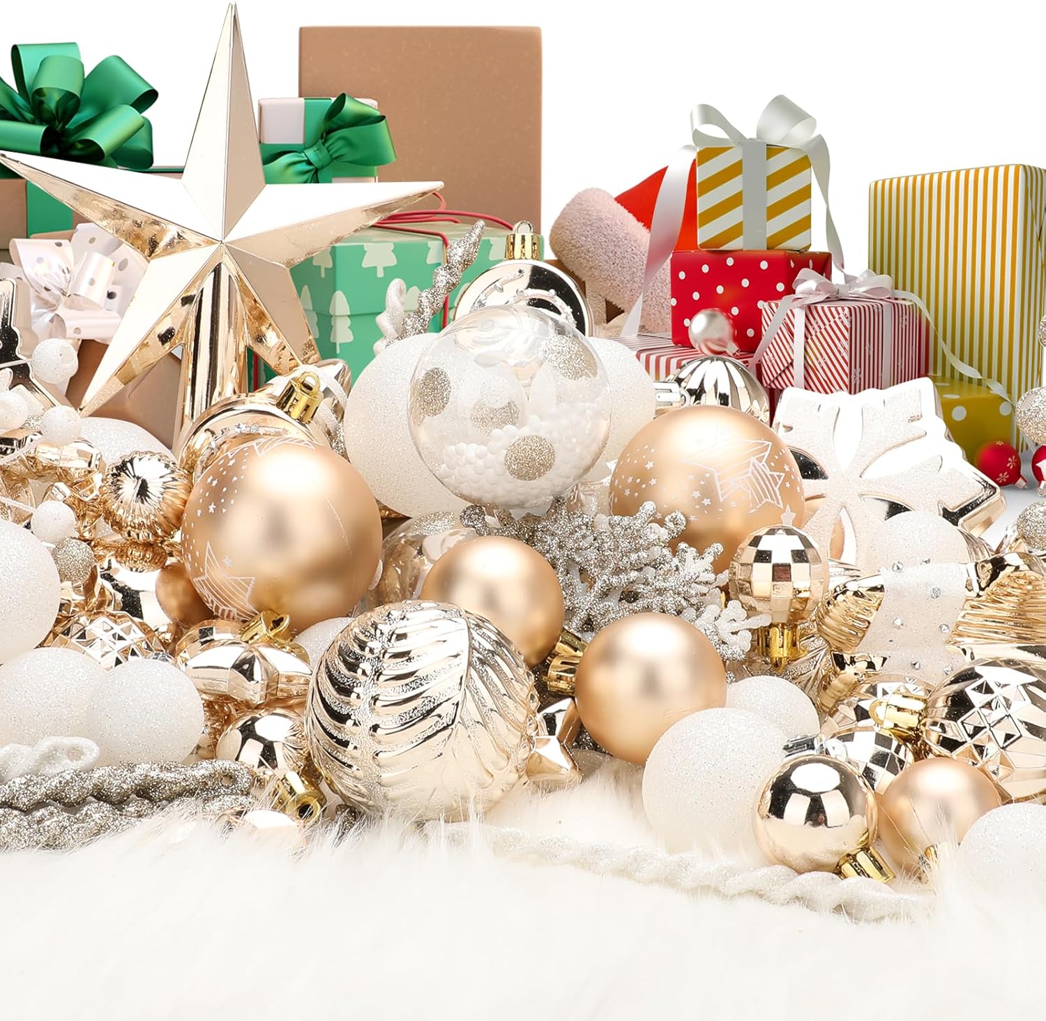 131 adornos de bola de Navidad, color champán, de NEVSETPO grande, inastillables, para árbol de Navidad, adornos de Grinch, brillantes, mate, con