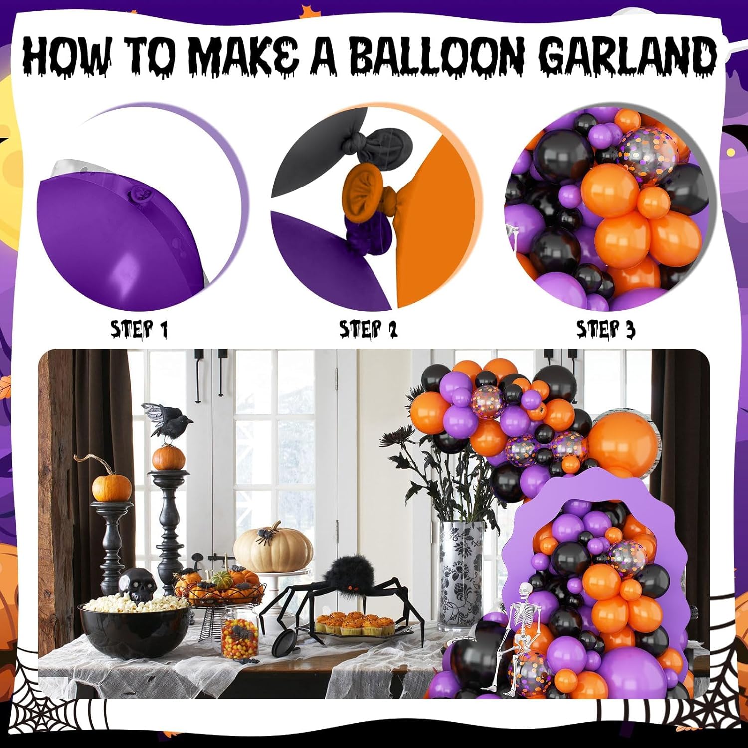 Kit de arco de globos de color negro, morado, naranja, naranja, morado, negro, guirnalda de globos de látex de confeti, globos de helio naranja,