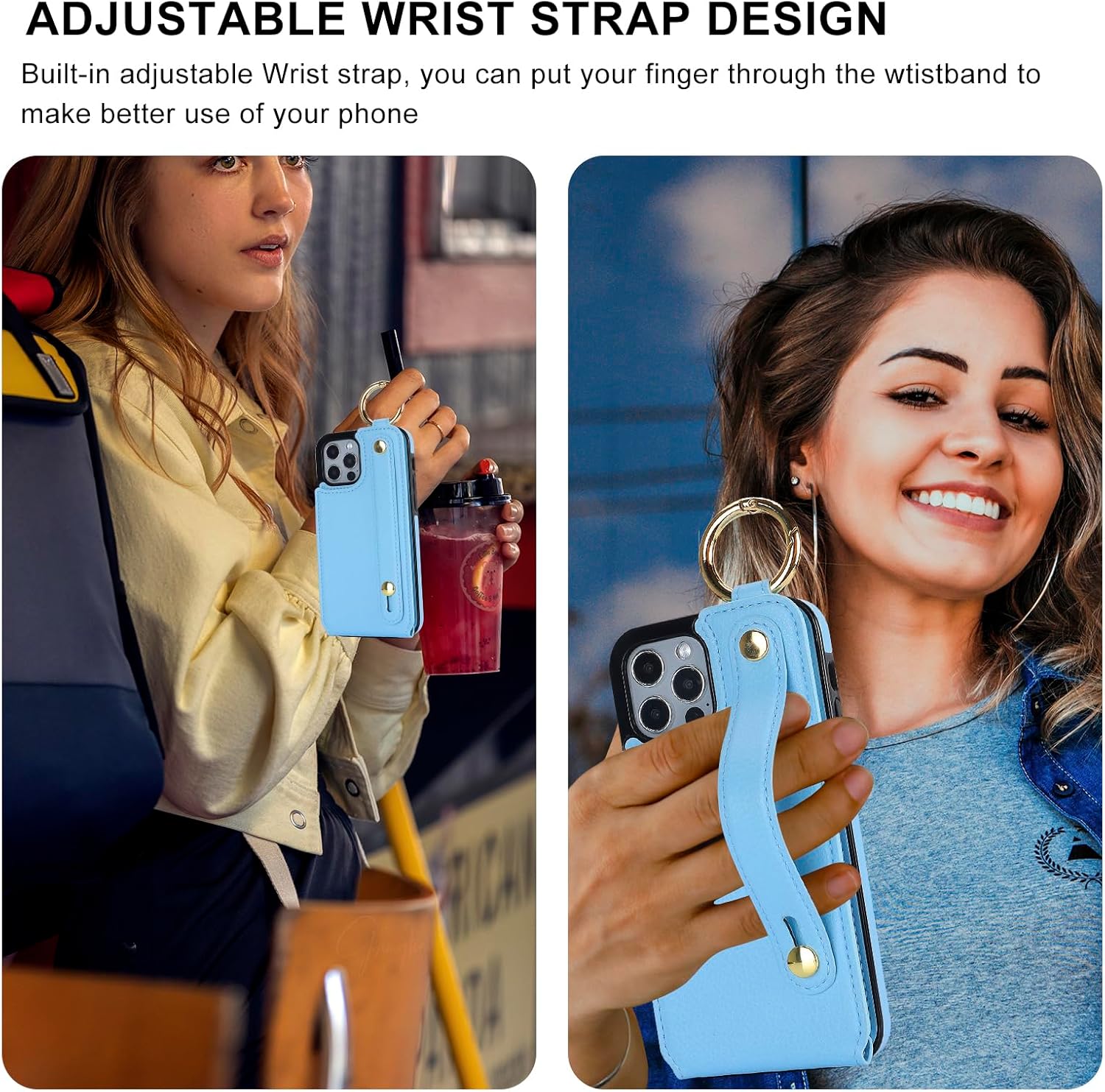 Folosu Funda tipo cartera para iPhone 1212 Pro con soporte para tarjetas, correa de mano para muñeca, soporte de bucle, bloqueo RFID, anillo de