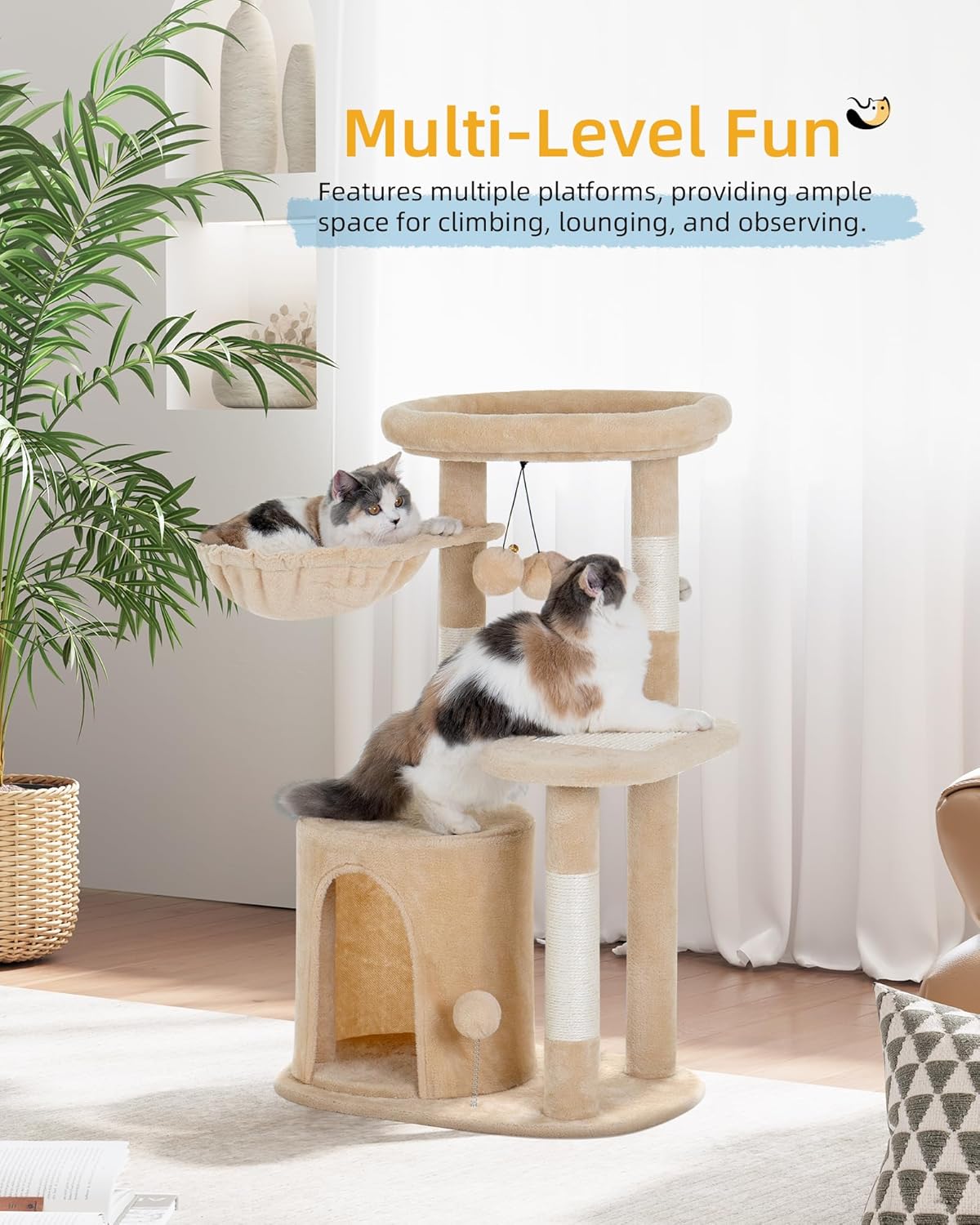 Aechonow Torre de árbol para gatos pequeños de interior con condominio y hamaca profunda, torre para gatos con poste rascador de sisal natural y