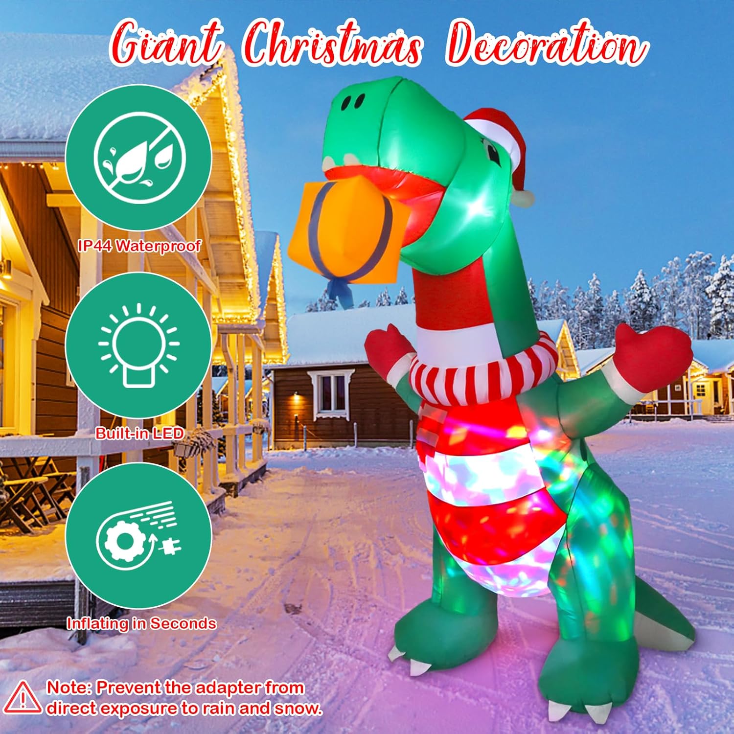 Inflables de Navidad de 8 pies para decoración al aire libre, dinosaurio inflable de Navidad, decoración de patio con sombrero de Navidad y caja de