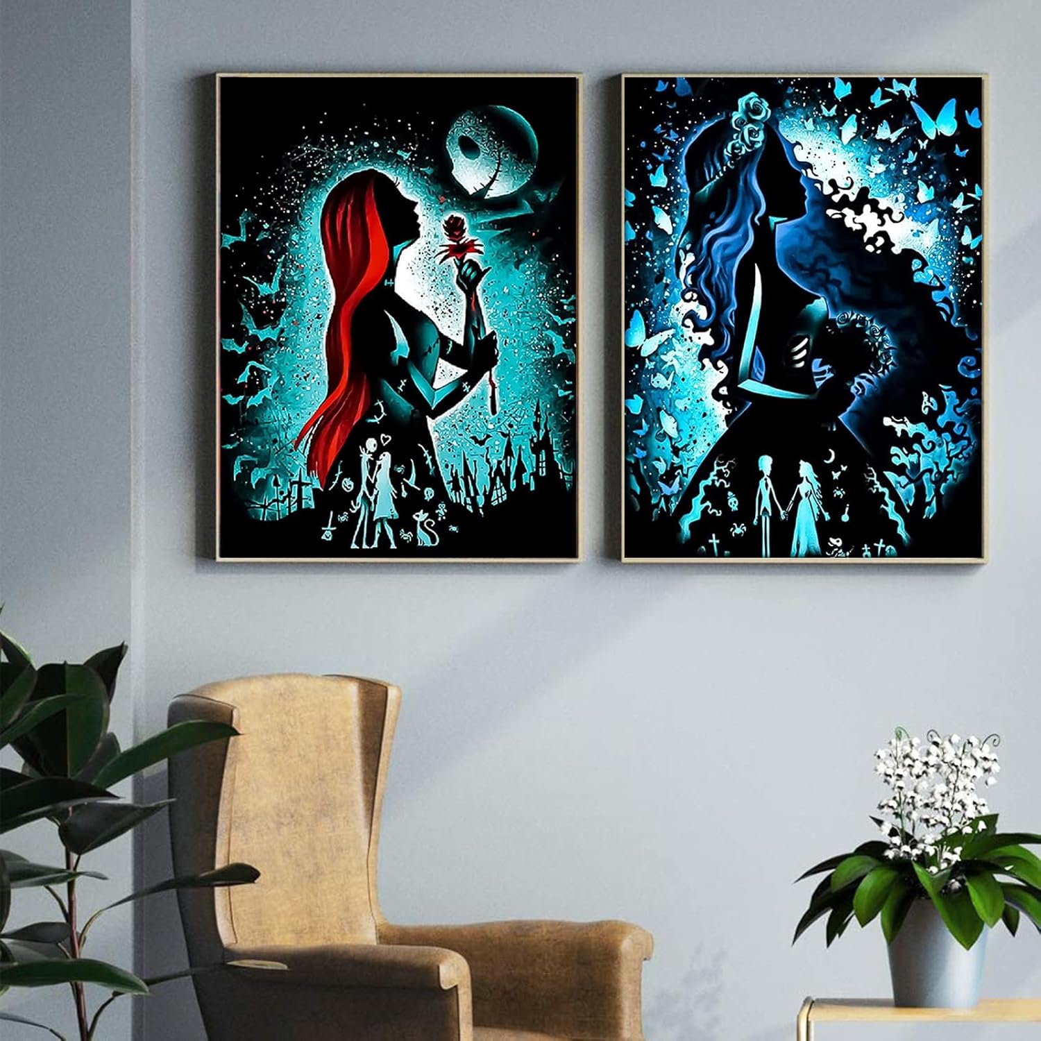 KICHANG Juego de 2 piezas de pintura de diamantes de Halloween 5D para adultos y niños, Pesadilla antes de Navidad, Jack y Sally, pintura de
