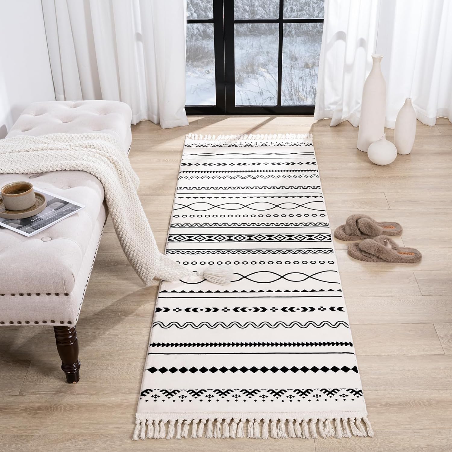 Alfombra de pasillo de 2 x 6 pies, alfombra marroquí esponjosa con borlas, alfombra rústica para habitación de entrada, alfombra geométrica para