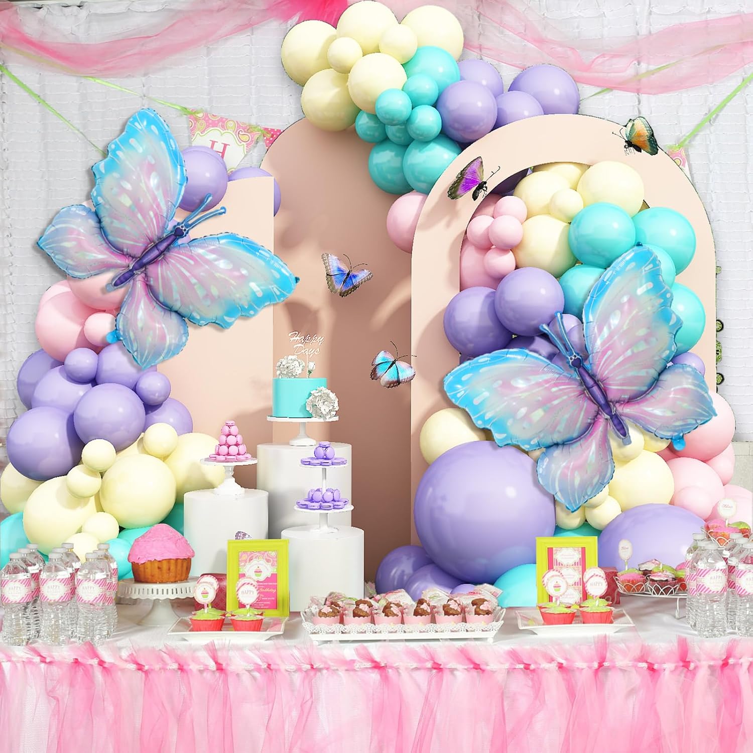 Kit de arco de guirnalda de globos de mariposa, 120 piezas de arco de guirnalda de globos morados, rosas y azules con 2 globos de aluminio de