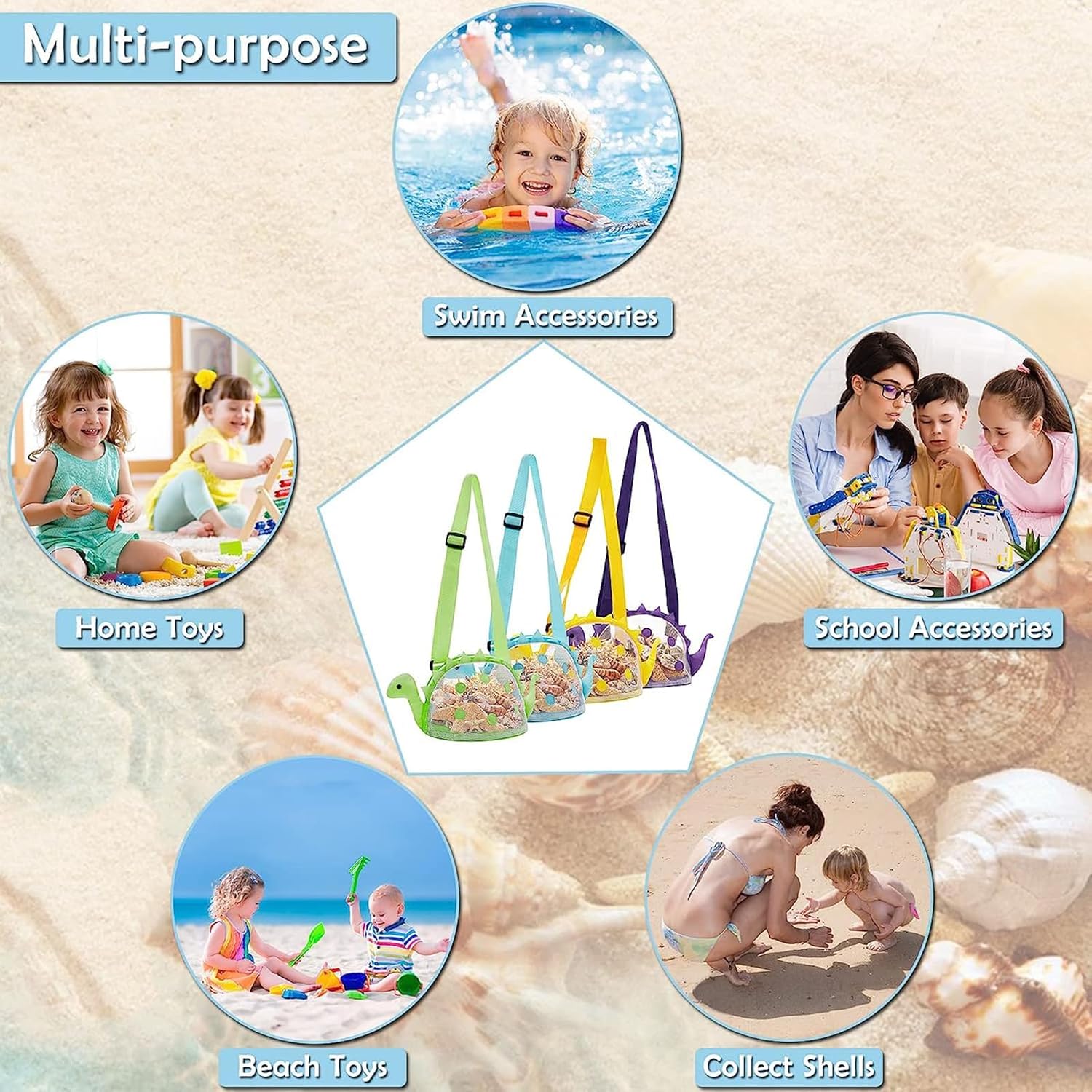 Bolsa de playa de malla para juguetes de playa, bolsa de recolección de conchas para niños, bolsa de juguetes de playa de dinosaurio para sostener