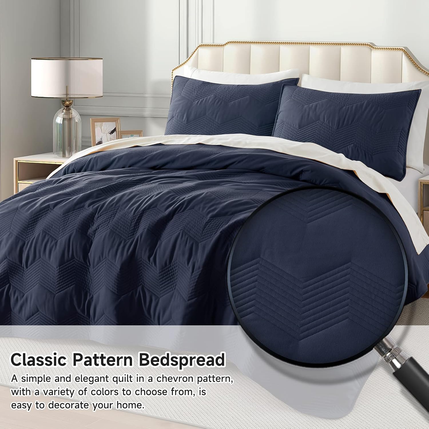 Juego de edredón Queen azul marino con patrón de cheurón, colcha de microfibra ligera de verano, juego de ropa de cama suave para todas las