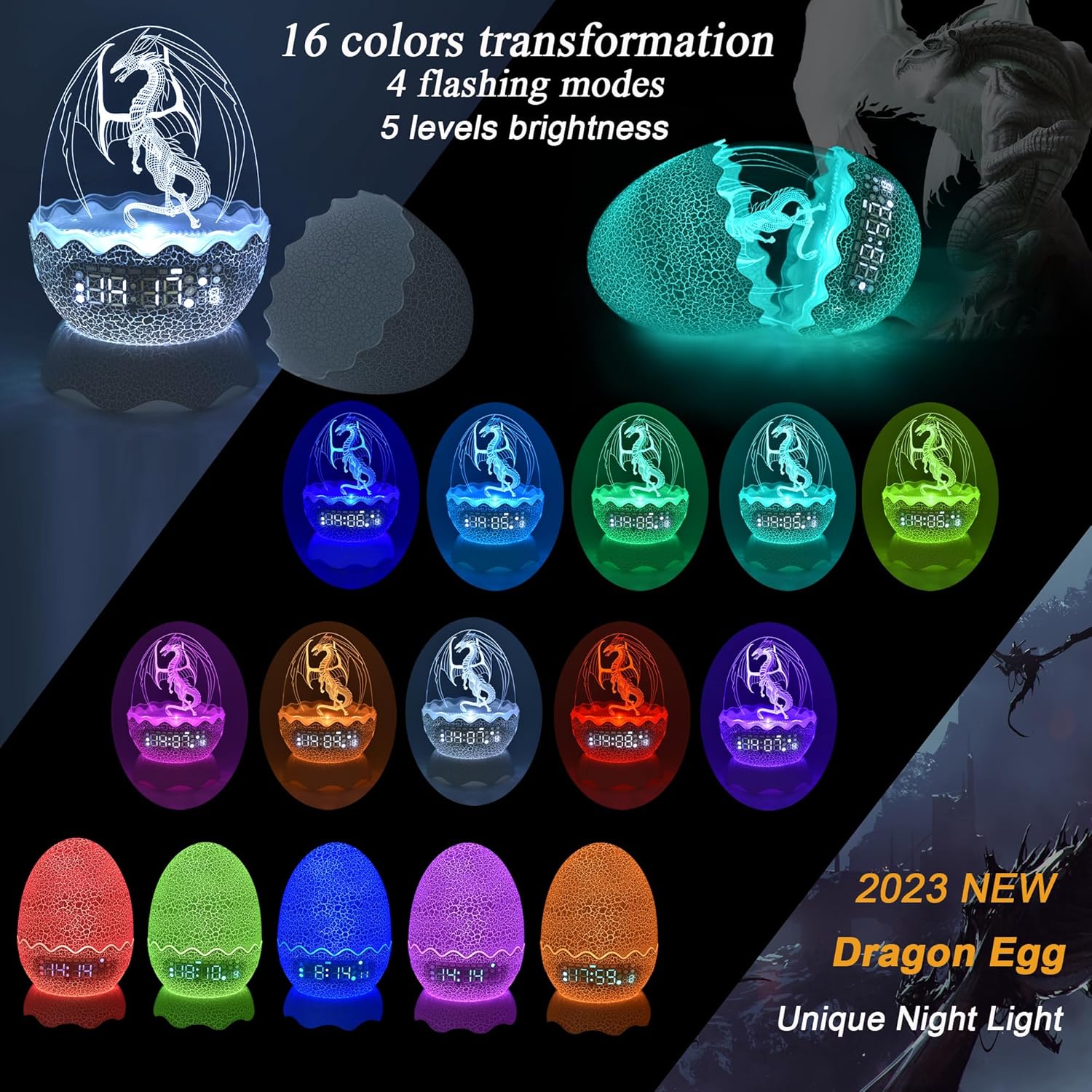 Unique Dragon Egg Alarm ClockNight LightLullaby White NoiseBluetooth Speaker 4-in-1, Remote Control 16 Colors & Brightness & Volume, for KidsAdult