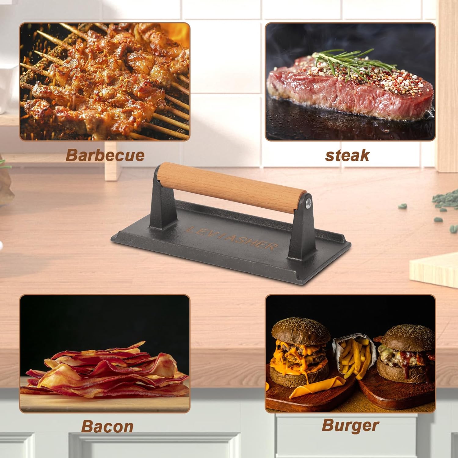 Prensa de parrilla de hierro fundido y plancha para carne y paninis, sándwiches, tocino y verduras, prensa rectangular para hamburguesas con mango