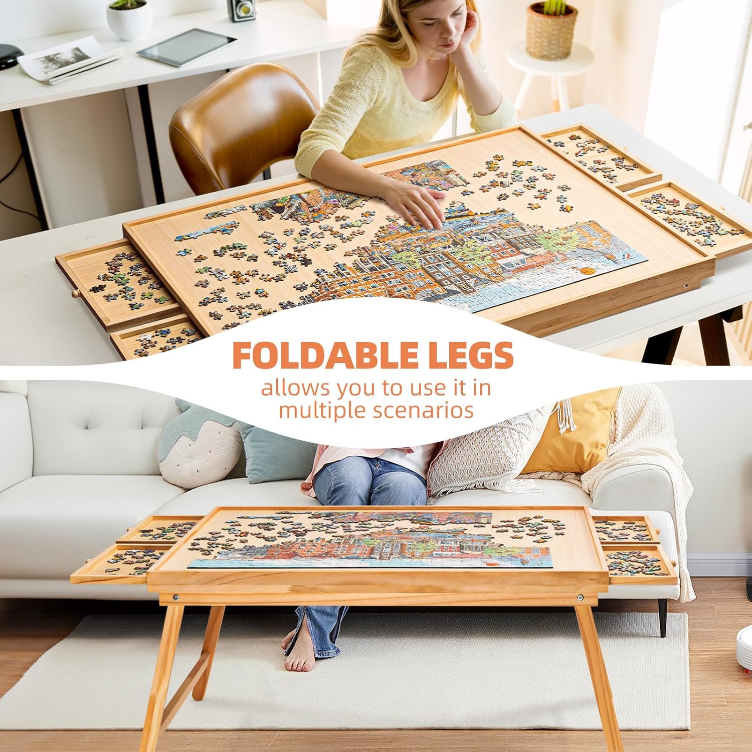 Mesa de rompecabezas portátil plegable de 1500 piezas con 4 cajones, tablero de rompecabezas de madera de 34 x 26 pulgadas con patas y cubierta