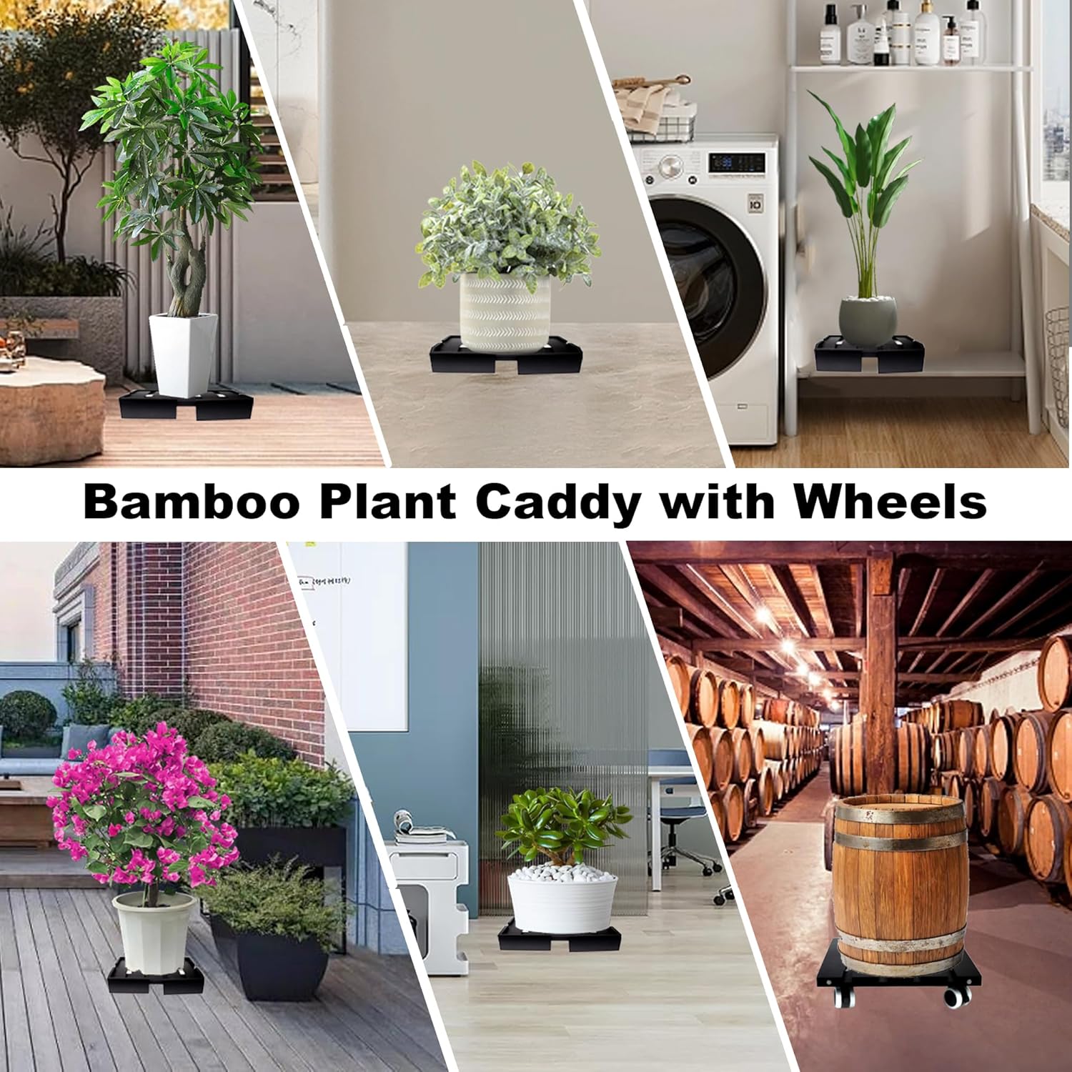Carrito cuadrado de bambú para plantas con ruedas, plataforma para plantas, soporte para plantas con ruedas bloqueables de 360, plataforma para