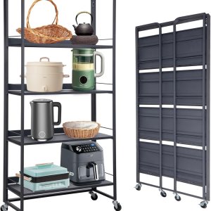 Estantería plegable sin ensamblaje con ruedas de 4 niveles, estantería vintage multifuncional para plantas y flores (metal, gris profundo) Estantería plegable sin ensamblaje con ruedas de 4 niveles, estantería vintage multifuncional para plantas y flores (metal, gris profundo)