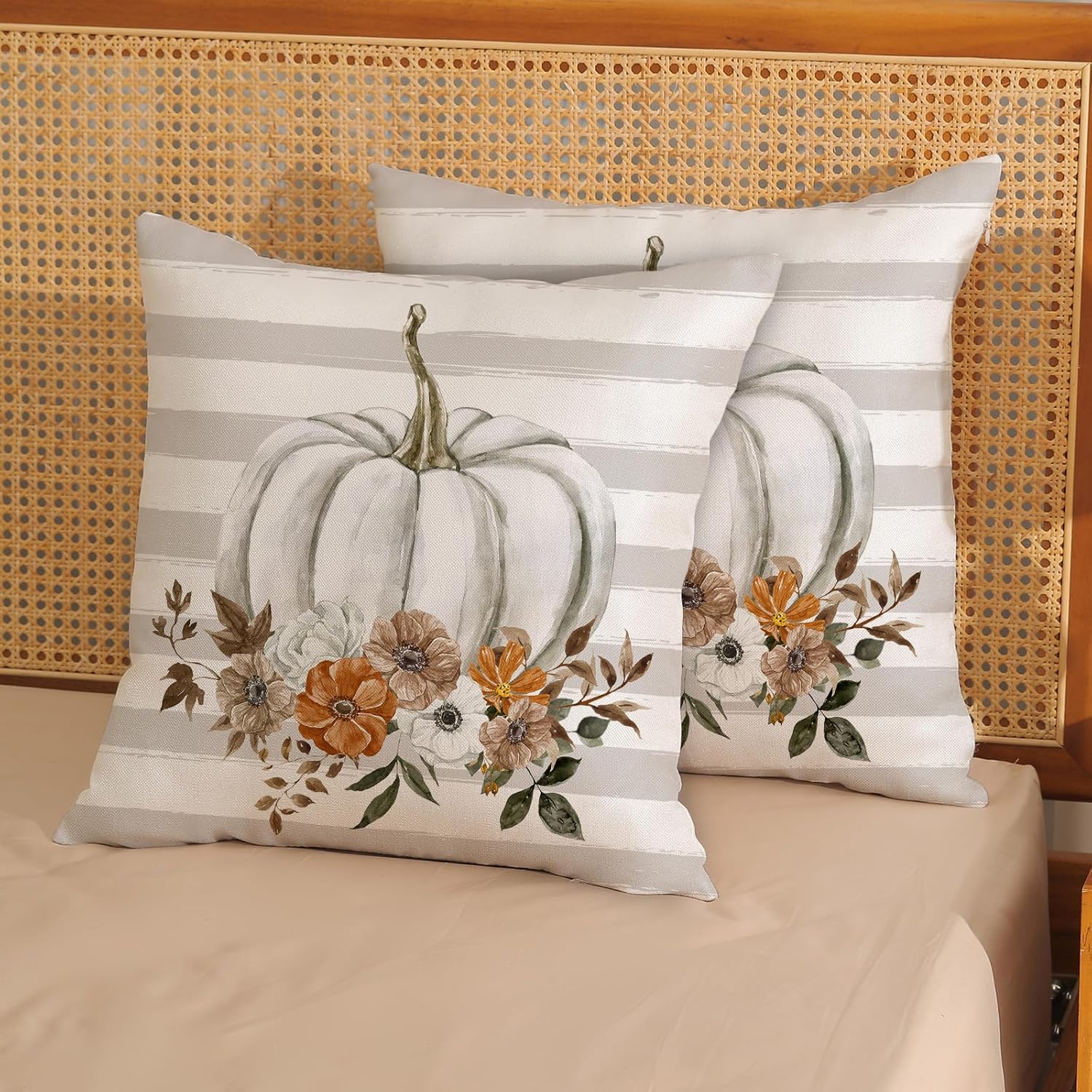 Fundas de almohada de otoño de 18 x 18 pulgadas, paquete de 2 fundas de almohada decorativas de otoño con flores y rayas, funda de cojín decorativa