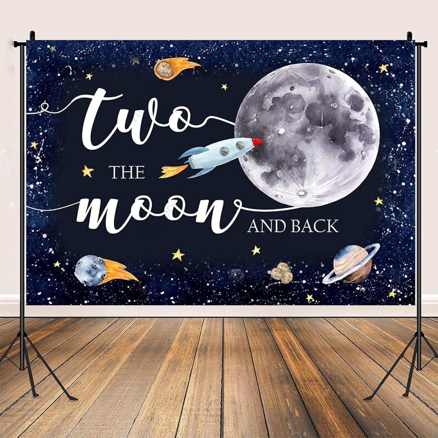 Fondo de feliz cumpleaños del espacio exterior con texto en inglés “Two The Moon”, decoración de fiesta de cumpleaños para niños, espacio exterior,