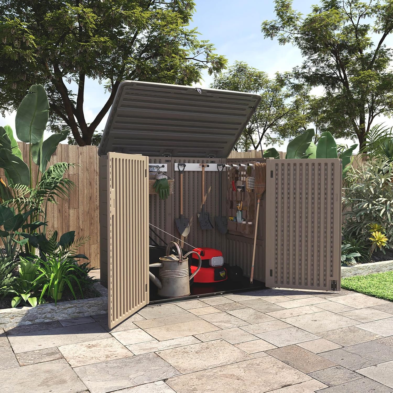 HOMSPARK Cobertizo de almacenamiento al aire libre más grande, caja de almacenamiento para exteriores de 48 pies cúbicos, impermeable, armario de