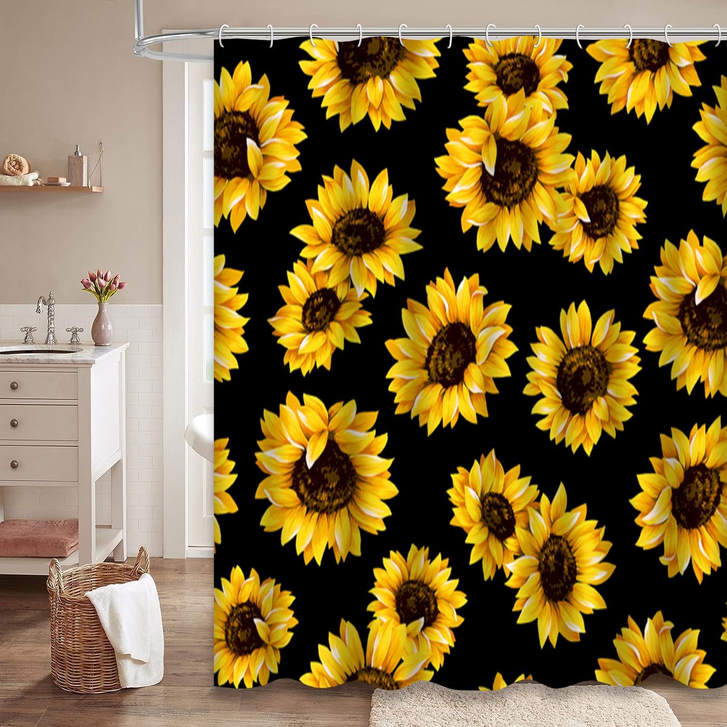 GALMAXS7 Cortina de ducha de girasol para baño con 12 ganchos, diseño floral botánico impermeable, decoración decorativa de baño, 72 x 72 pulgadas