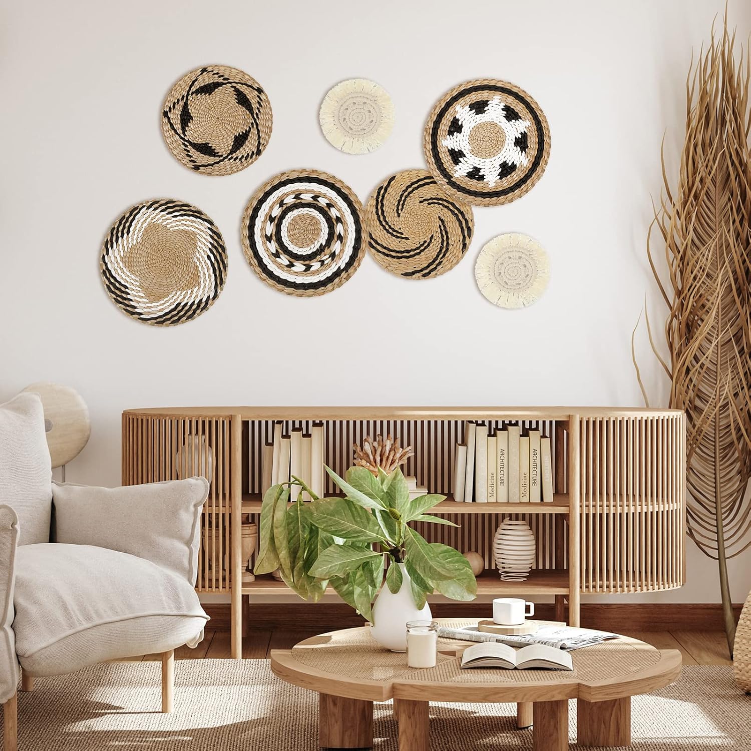 Glenmal Juego de 7 cestas de pared bohemias tejidas con diseño de junco, decoración de pared de ratán bohemio, decoración de pared rústica, hecha a