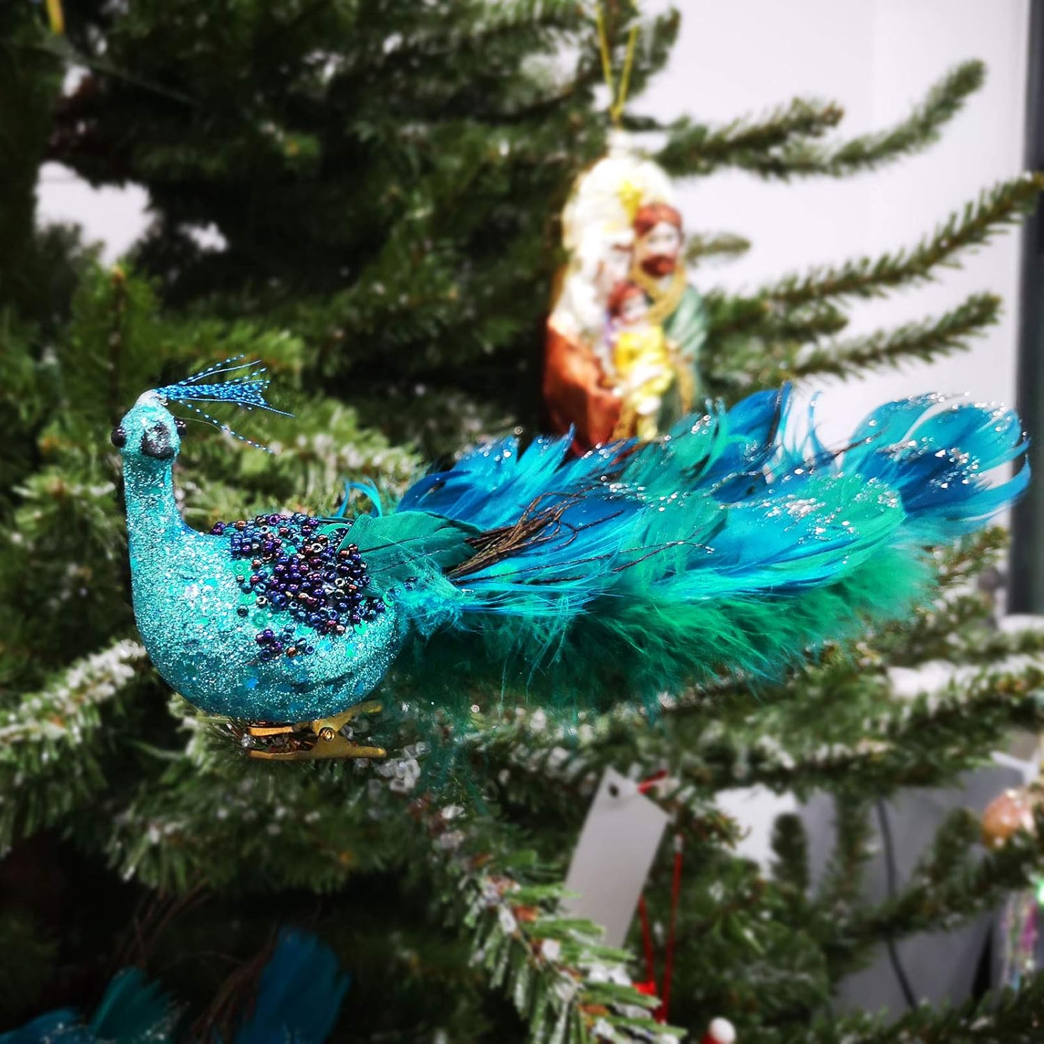 Adornos de Navidad de pavo real sintético de 12 pulgadas con una cola de plumas de pavo real, adornos de pavo real para decoración de árbol de