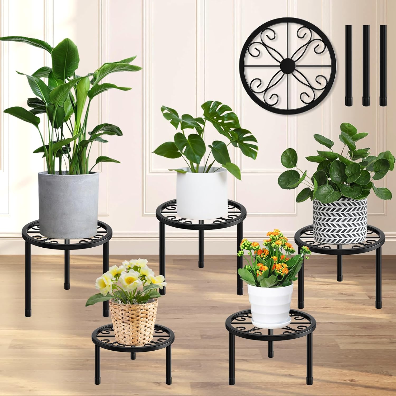 Paquete de 5 soportes de metal para plantas de hierro para exteriores, soporte para macetas en maceta, soporte para plantas en maceta, contenedor de