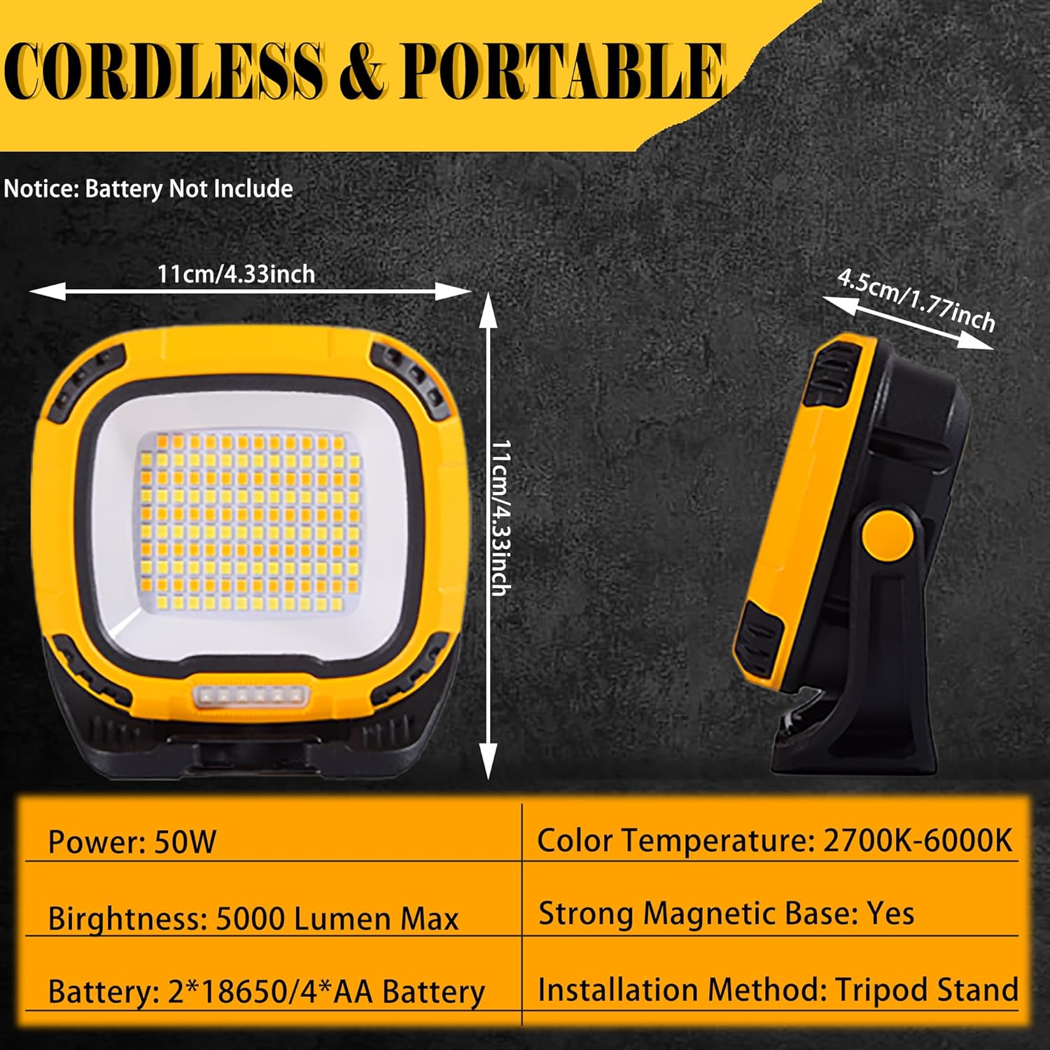 Luz de trabajo LED magnética, 50 W, 5000 lúmenes, luz de inundación portátil inalámbrica con modo SOS de emergencia, 4 niveles de brillo ajustable,