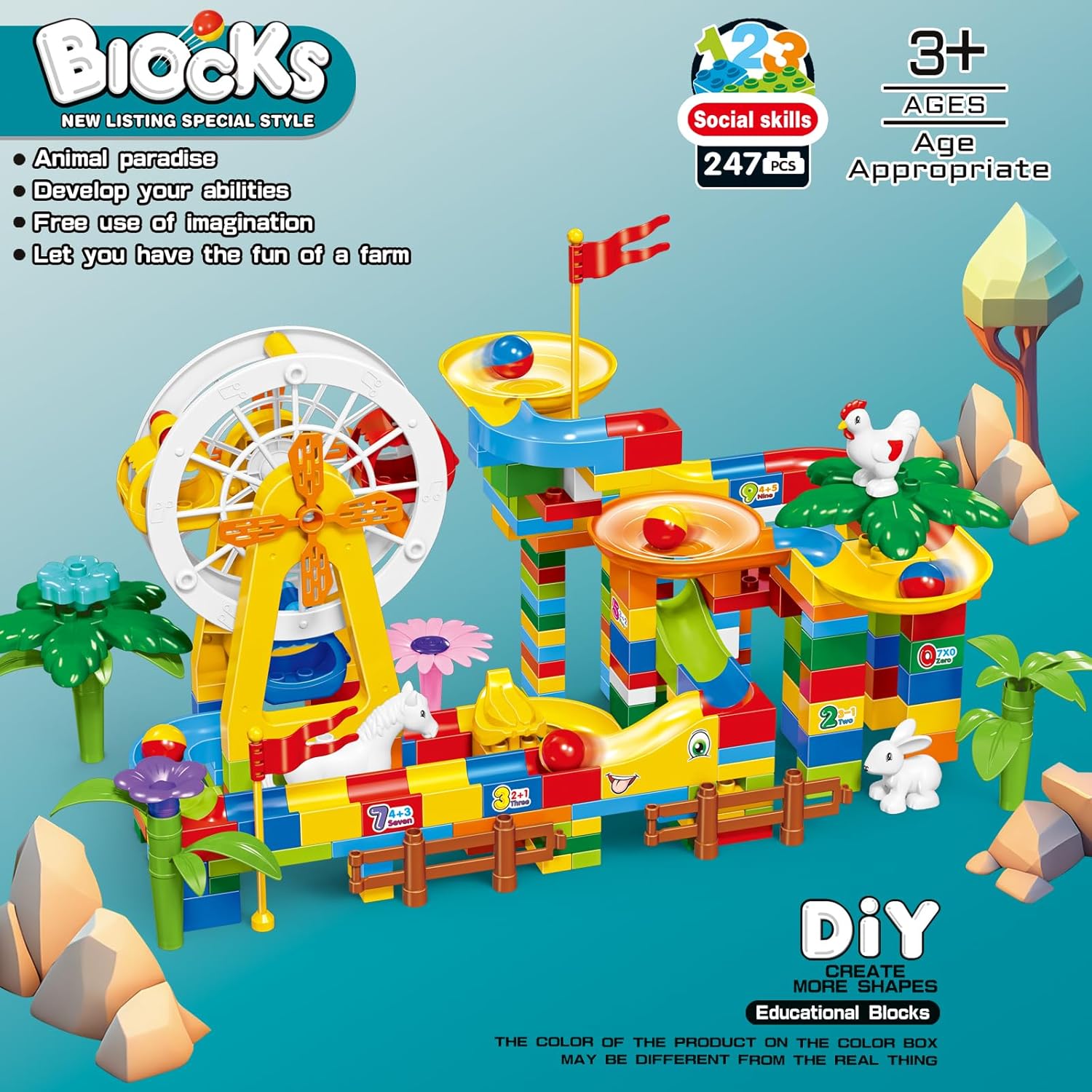 Bloques de construcción de Marble Run para niños a partir de 3 años, 247 piezas de rueda de la fortuna de mármol, laberinto de mármol, juego de