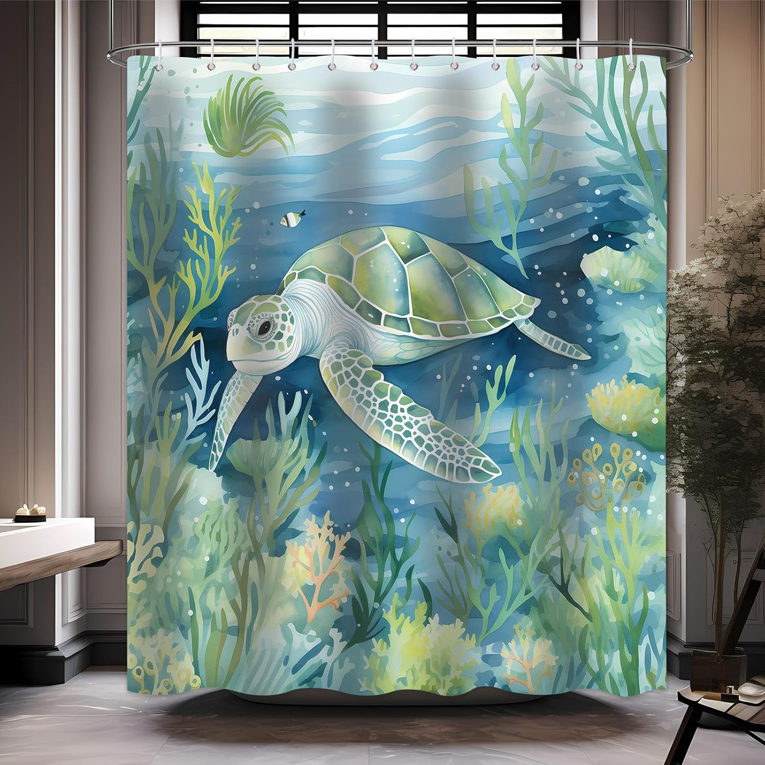 Cortina de ducha de tortuga marina, cortina de baño azul y verde azulado océano, peces bajo el agua, conchas marinas, planta acuática, juego de