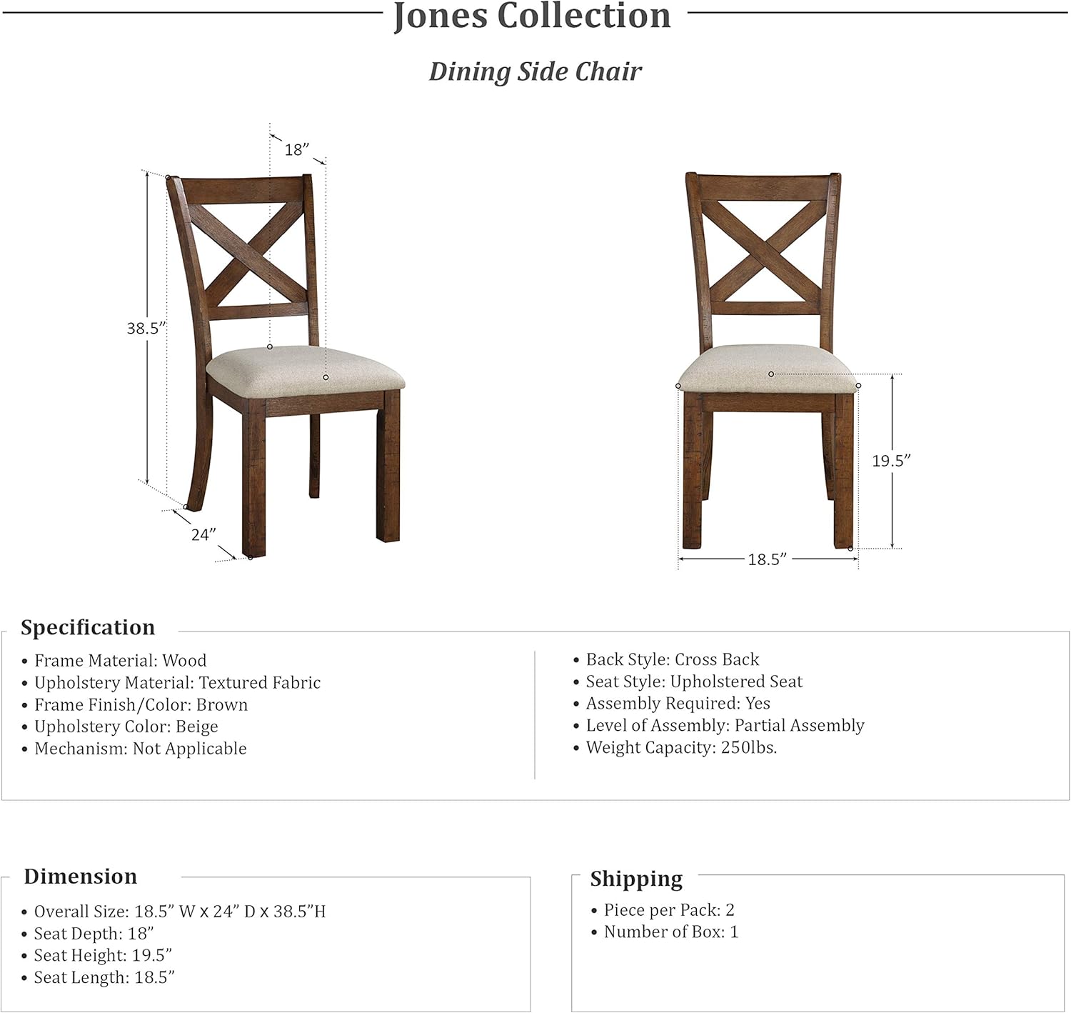 Lexicon Jones – Silla de comedor (juego de 2), color marrón