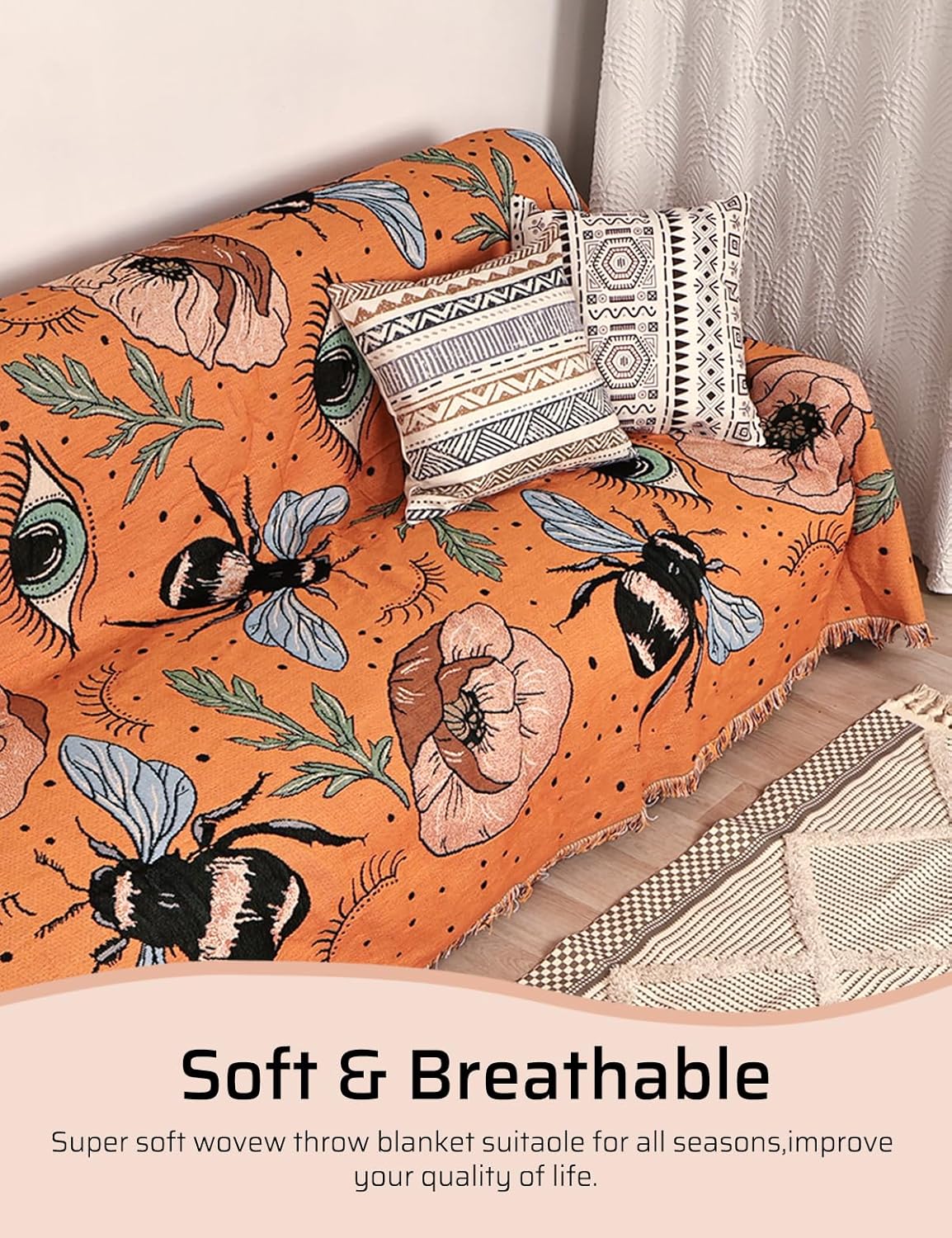 Shesyuki Manta bohemia para cama, sofá, reversible, de algodón, bohemio, para viajes, bohemio, manta de muselina mexicana, tapiz hippie para