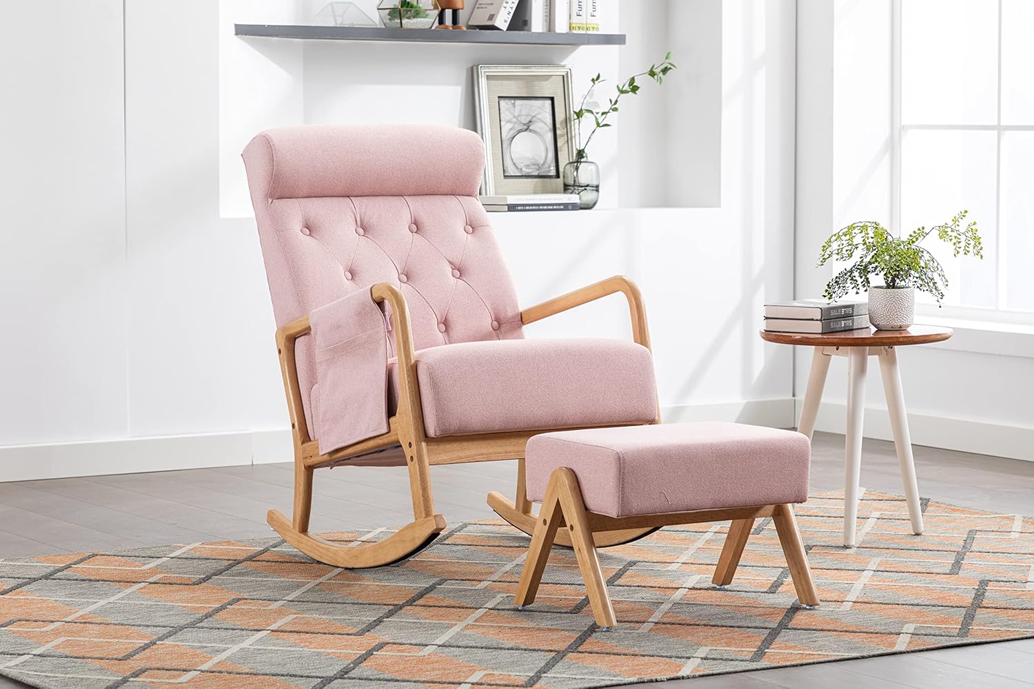 Mecedora para guardería con otomana, moderna silla mecedora de tela tapizada con cojín acolchado grueso, respaldo alto, silla mecedora para sala de