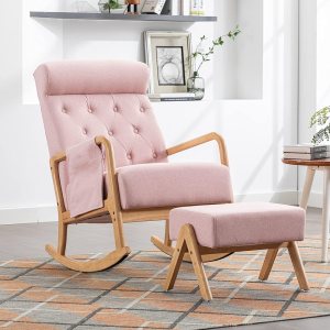 Mecedora para guardería con otomana, moderna silla mecedora de tela tapizada con cojín acolchado grueso, respaldo alto, silla mecedora para sala de Mecedora para guardería con otomana, moderna silla mecedora de tela tapizada con cojín acolchado grueso, respaldo alto, silla mecedora para sala de