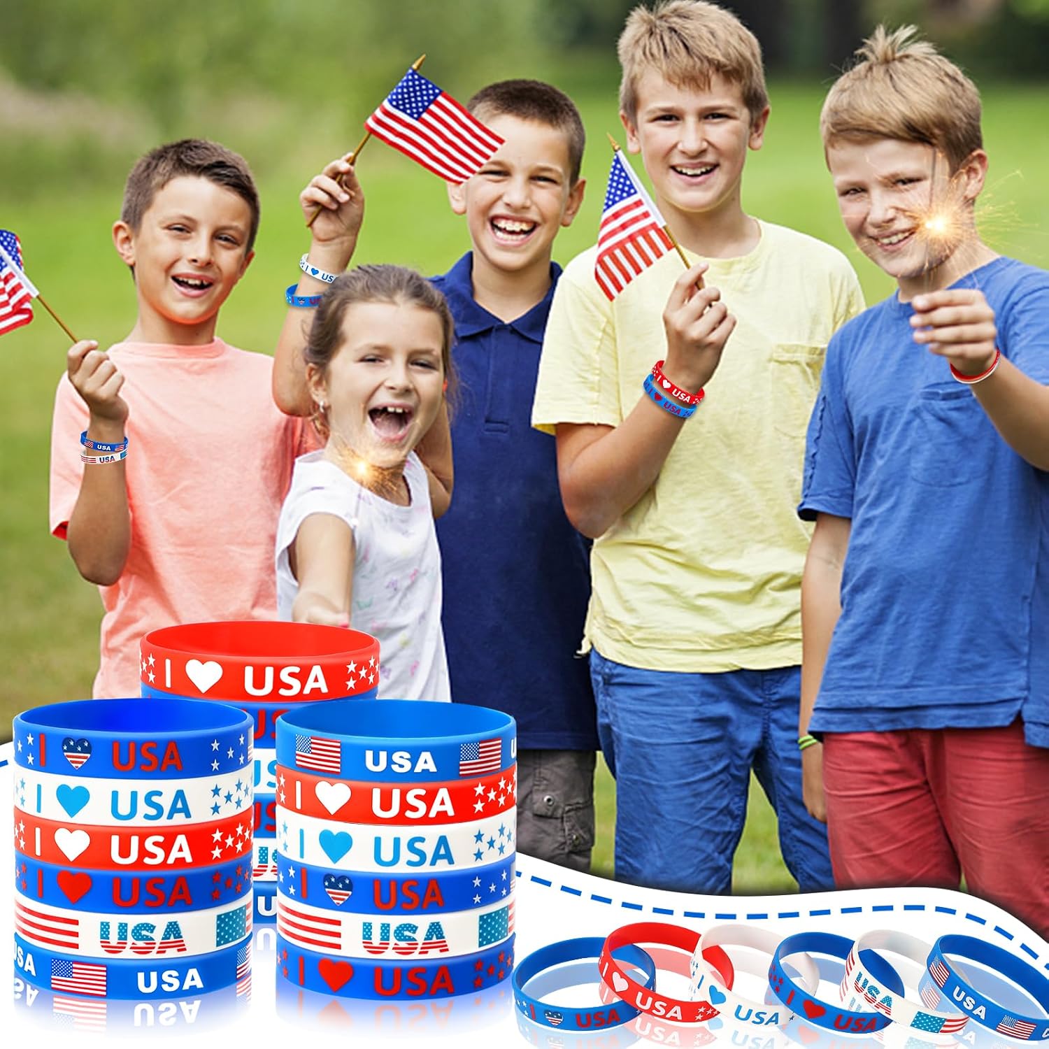 JUNEBRUSHS 24 pulseras de silicona para fiestas del 4 de julio, con bandera estadounidense, color rojo, blanco y azul, para fiestas patrióticas del