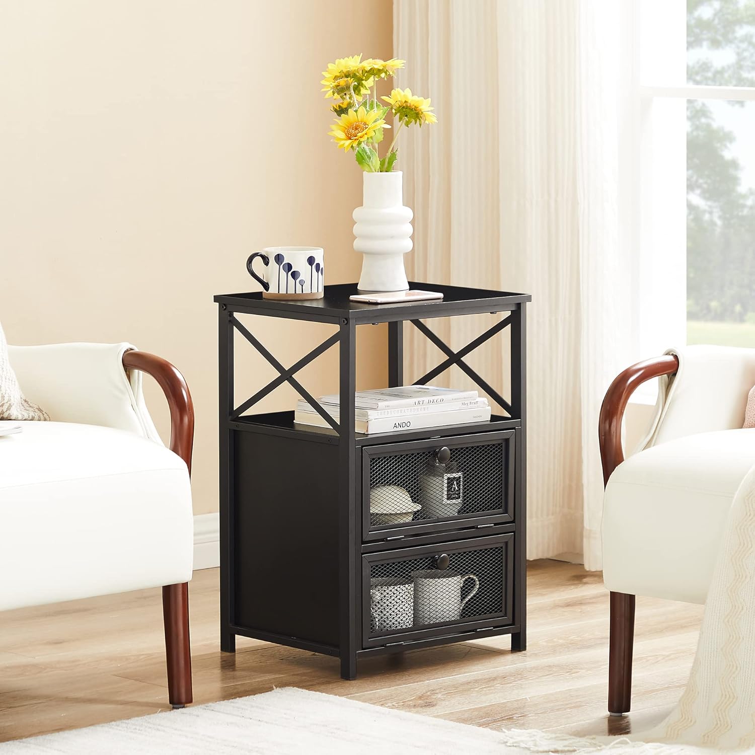 VECELO – Mesita de noche, mesa auxiliar con espacio de almacenamiento y puerta, mesitas de noche modernas para sala de estar, dormitorio, negro