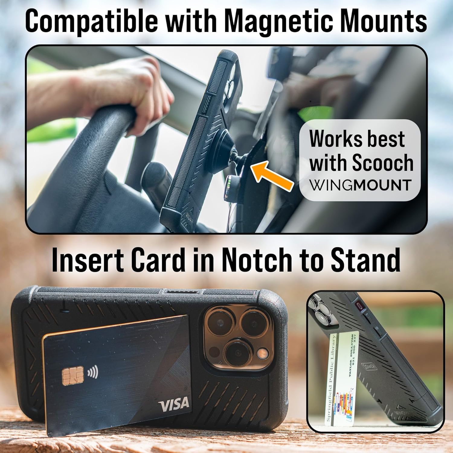 Scooch Wingmate – Funda para iPhone 14 con tarjetero y ranura oculta para tarjetas y protección RFID, capacidad para hasta 4 tarjetas, protección