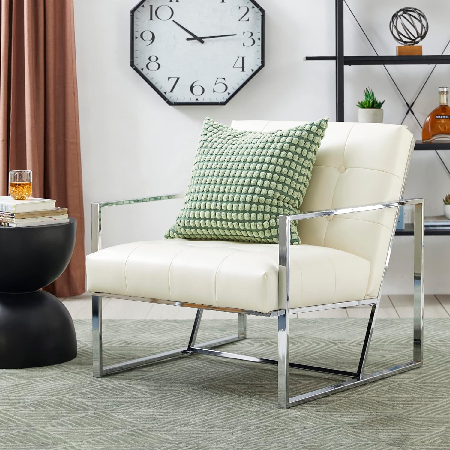glitzhome Silla decorativa moderna de mediados de siglo, sillas modernas para sala de estar con marco de metal duradero, acolchado de piel