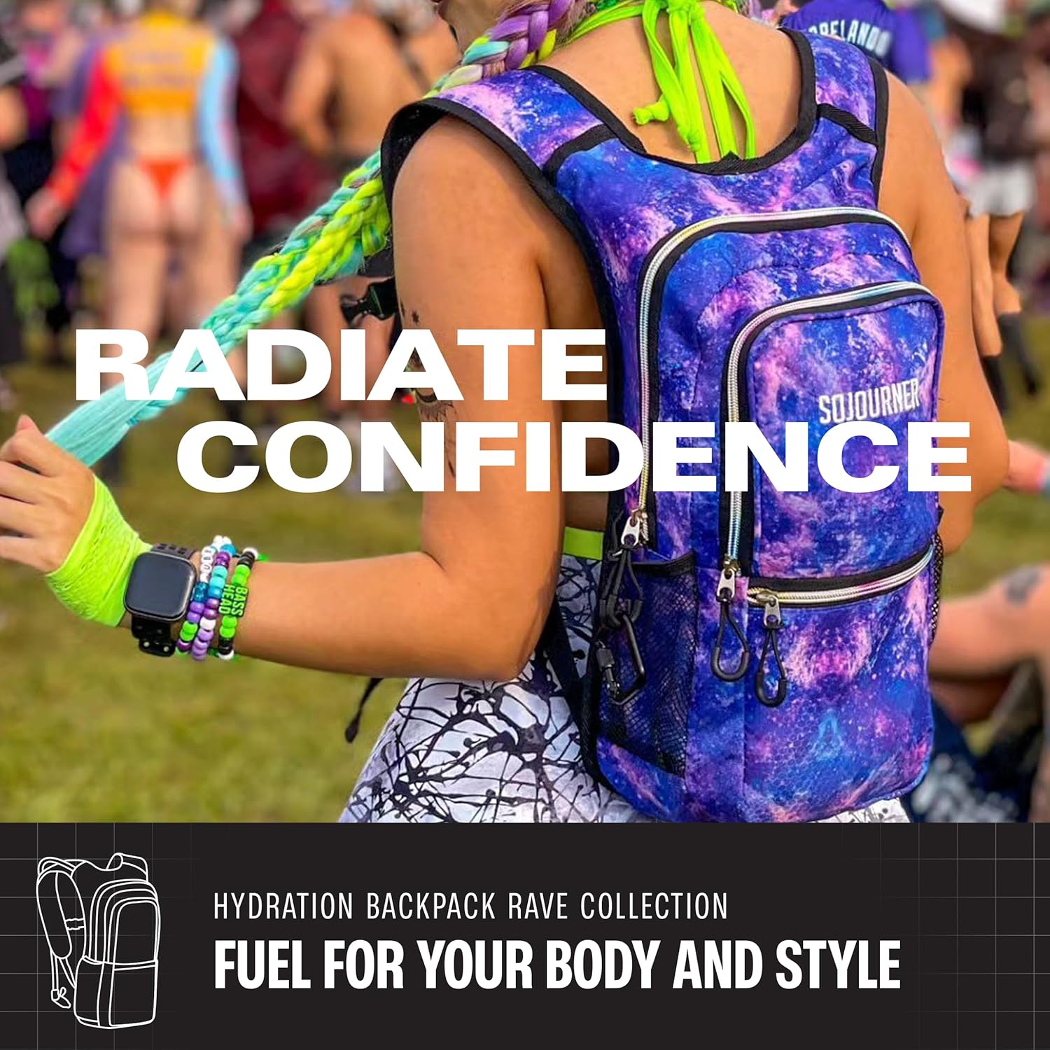 SoJourner Bags, Rave Hydration Pack – Bolsa de agua de 2L incluida, para festivales, raves, senderismo, ciclismo, fiestas, escalada, carrera y más