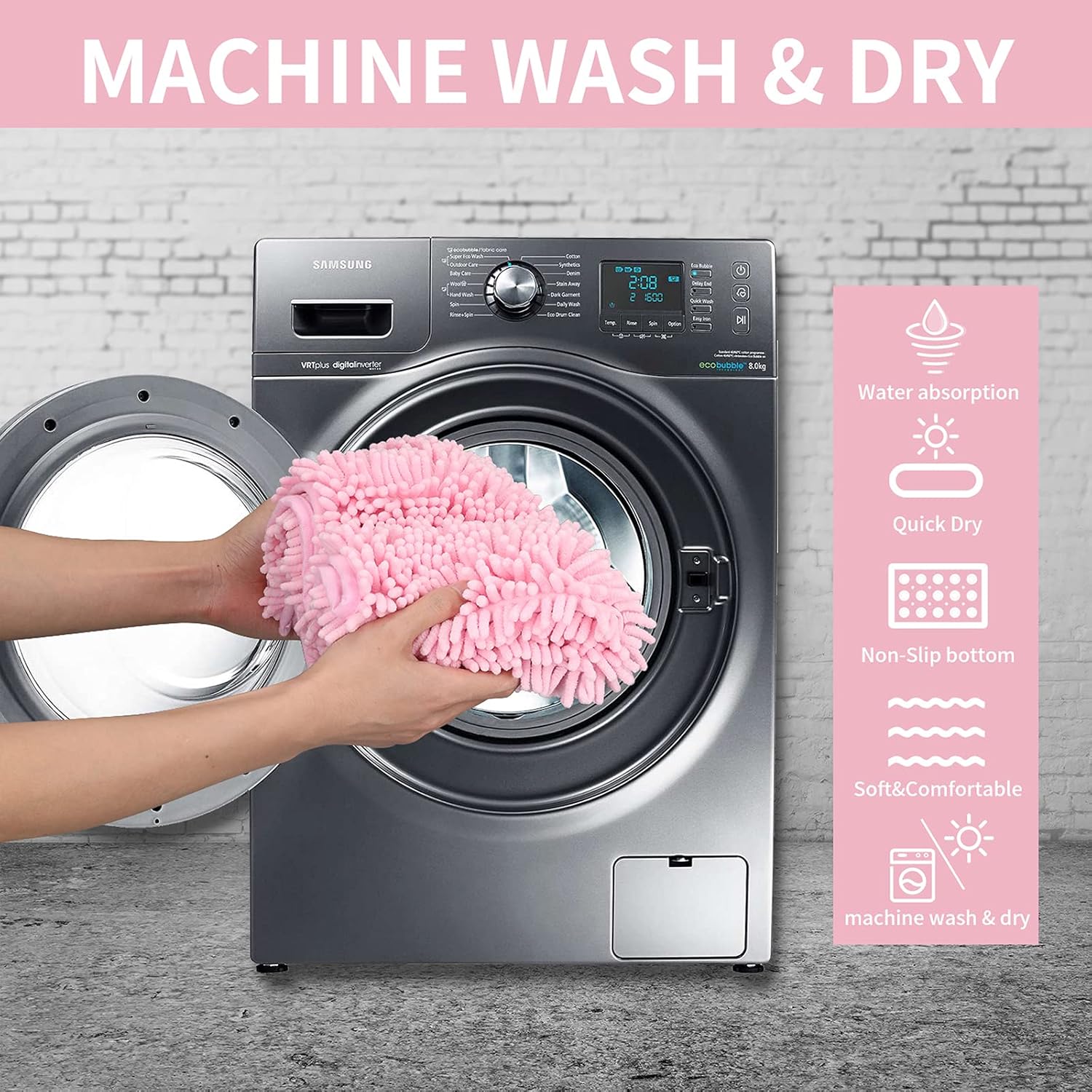 Alfombras rosadas para el baño, felpilla antideslizante, extra suave y absorbente, alfombra para ducha, lavable a máquina, de secado rápido (rosa,