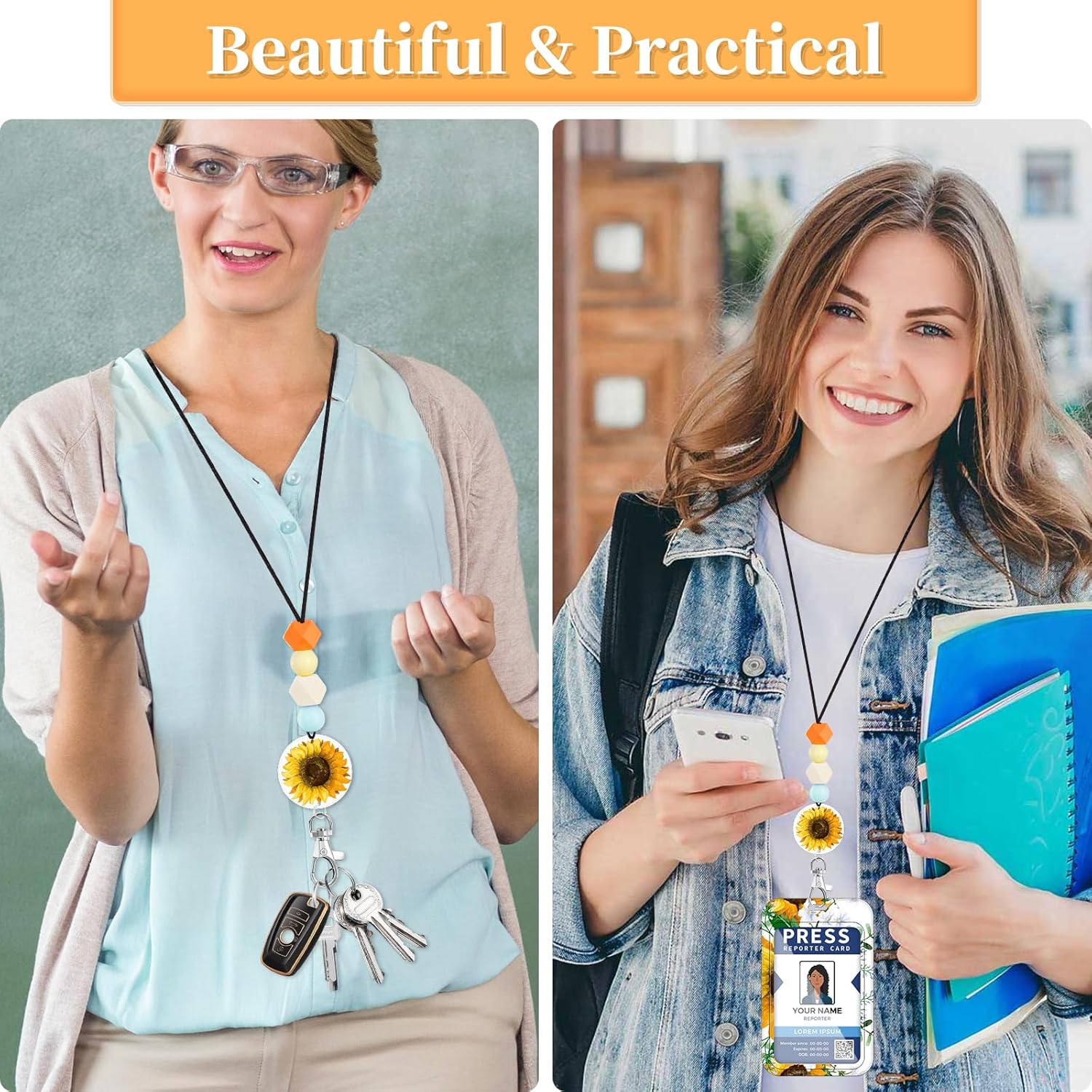 Toykee Cordón para profesor para tarjeta de identificación, girasol, para hombres y mujeres, con cuentas, cordón para el cuello, insignias, soporte